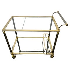 Retro Mid-Century Modern Polished Brass Two-Tier Service Bar Cart on Wheels