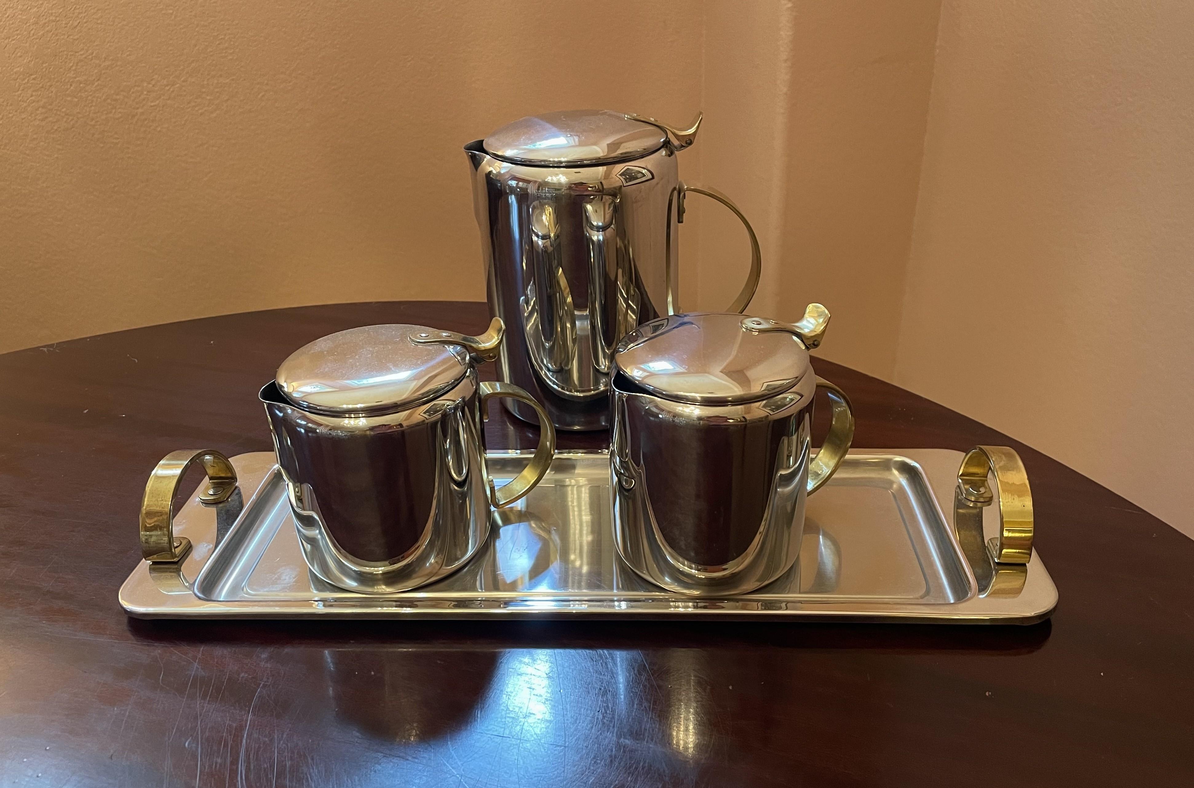 Mid-Century Modern Polished Chrome and Brass Tea or Coffee Service with Tray For Sale 7