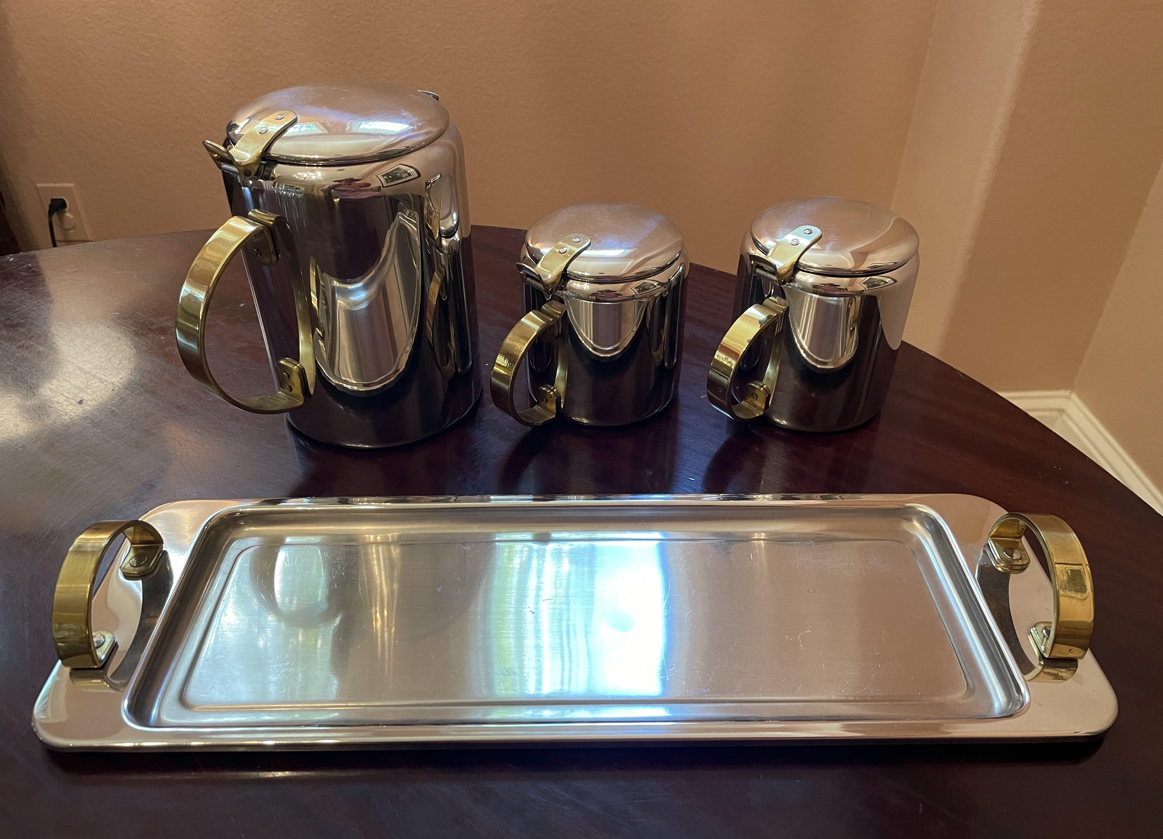 Metalwork Mid-Century Modern Polished Chrome and Brass Tea or Coffee Service with Tray For Sale