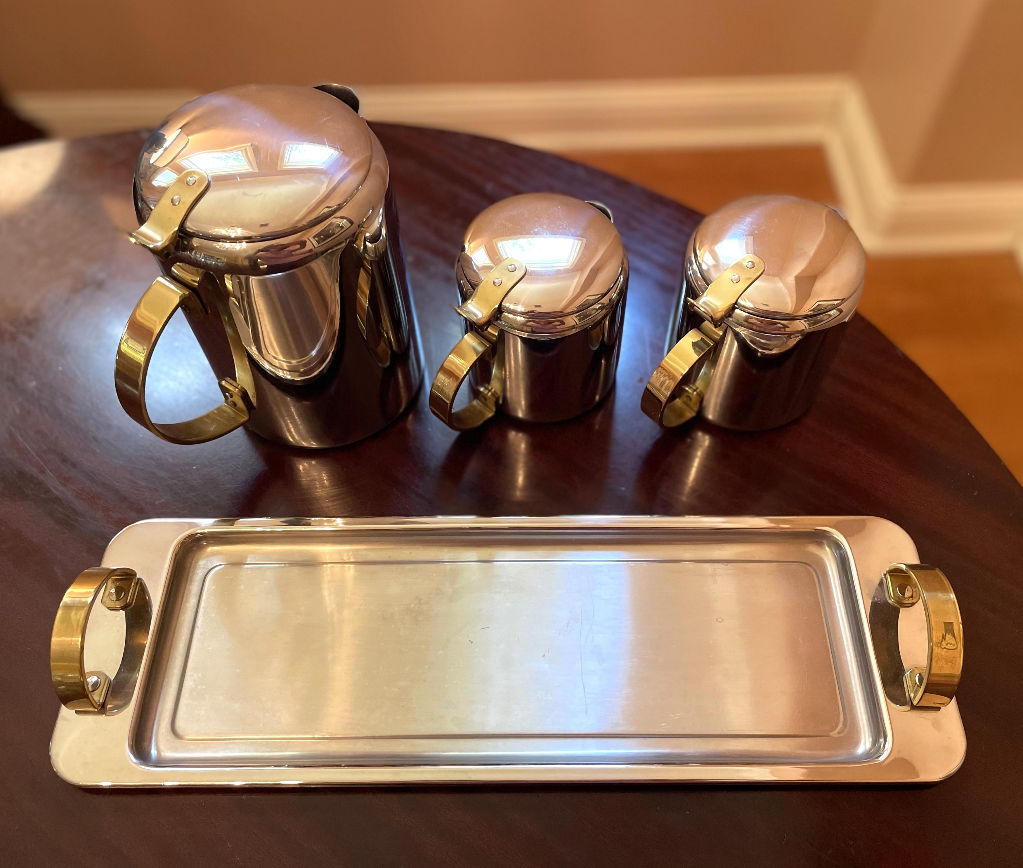 Mid-Century Modern Polished Chrome and Brass Tea or Coffee Service with Tray In Excellent Condition For Sale In Austin, TX
