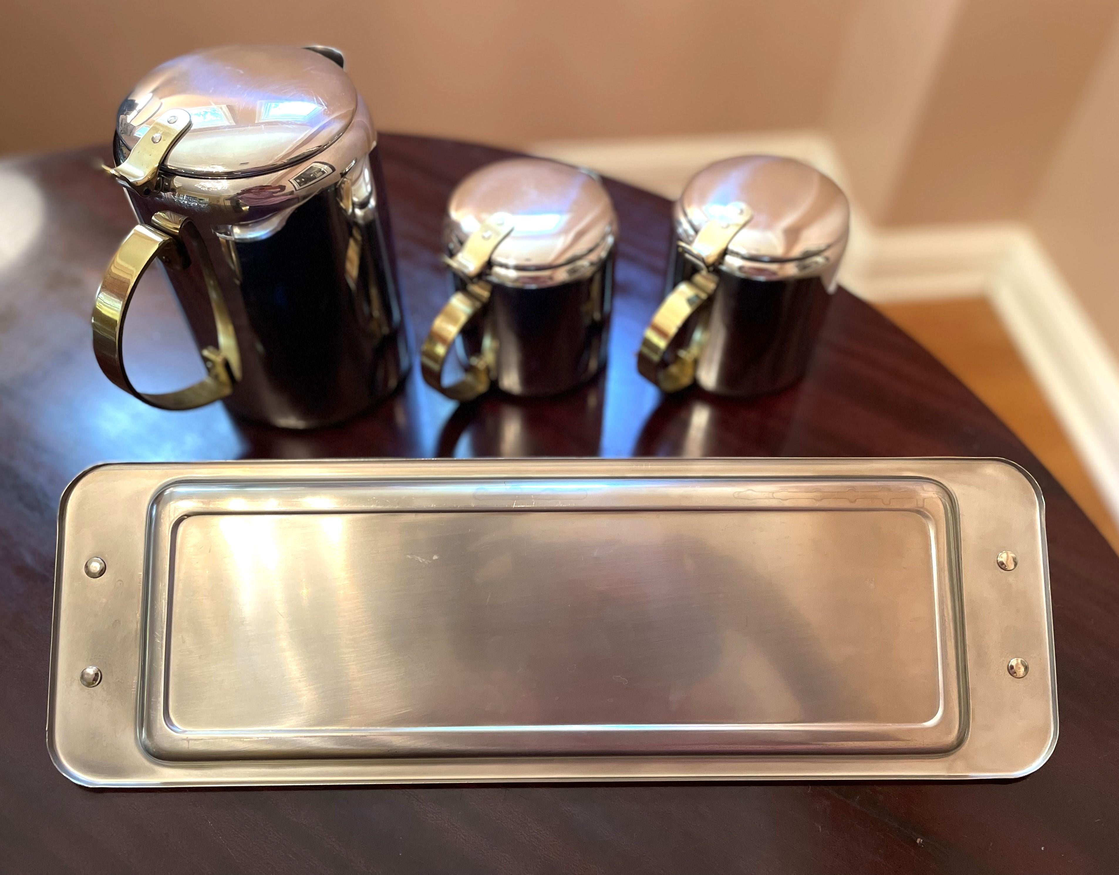 20th Century Mid-Century Modern Polished Chrome and Brass Tea or Coffee Service with Tray For Sale