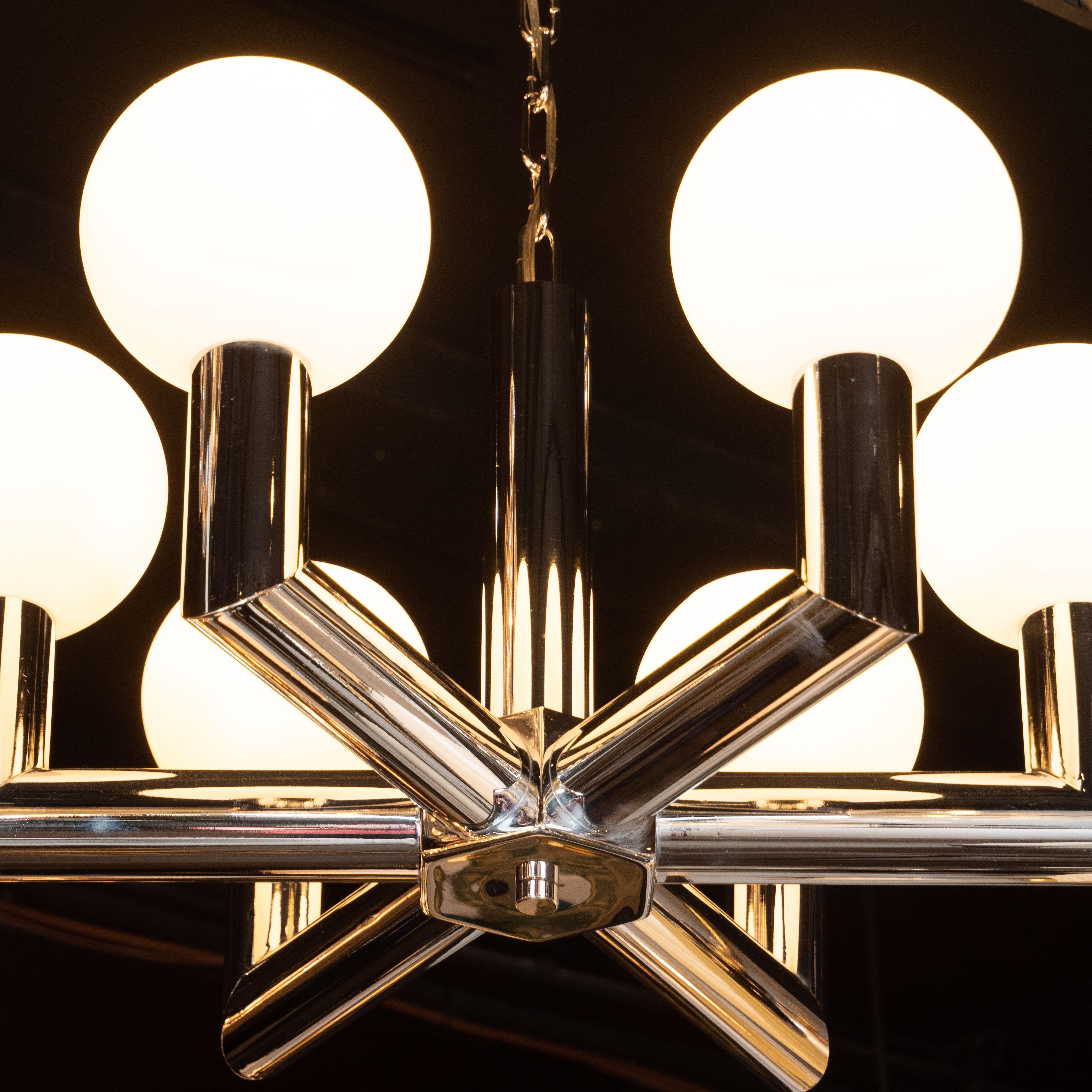 Italian Mid-Century Modern Polished Chrome and Frosted Glass Chandelier by Sciolari