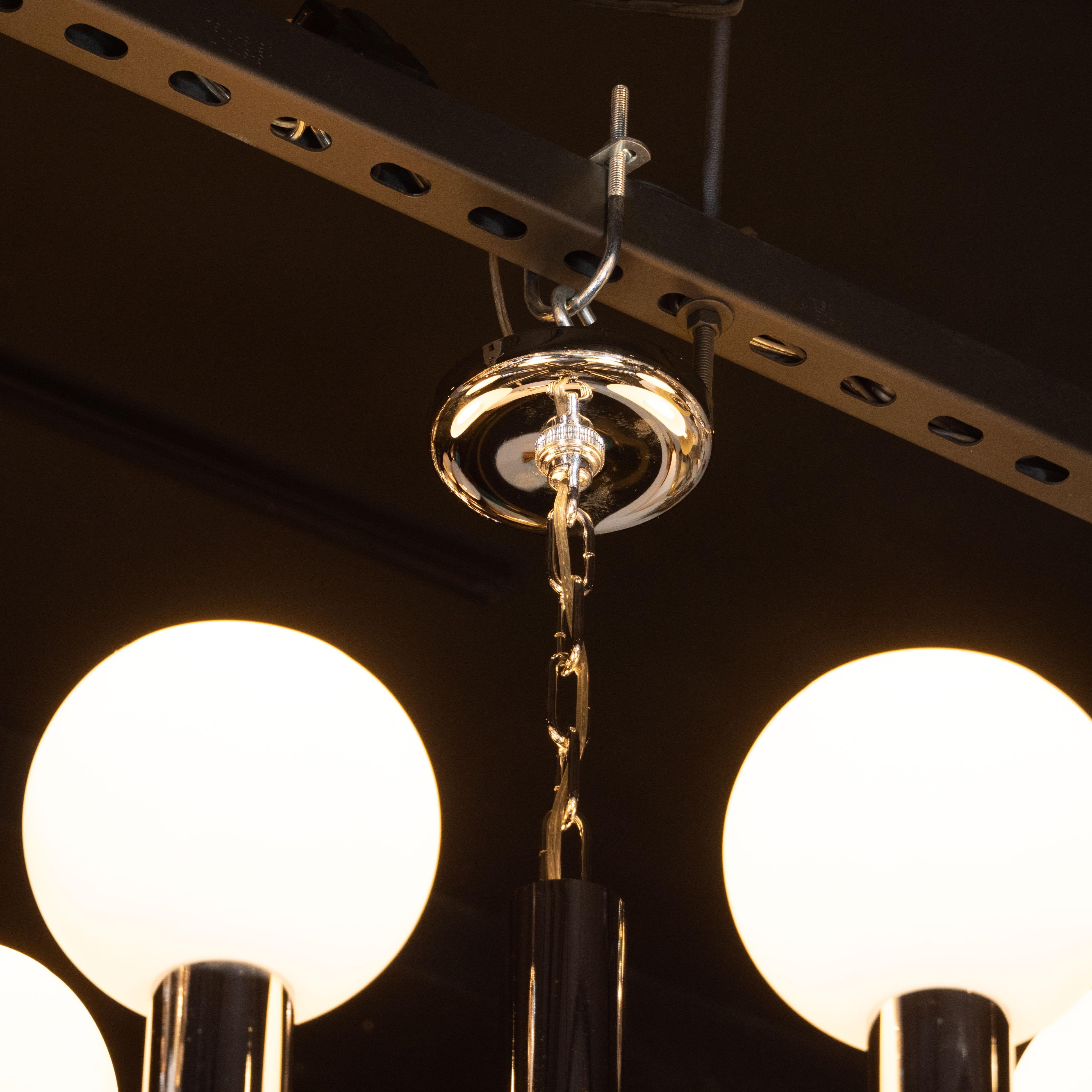 Mid-Century Modern Polished Chrome and Frosted Glass Chandelier by Sciolari In Excellent Condition In New York, NY