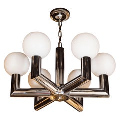 Mid-Century Modern Polished Chrome and Frosted Glass Chandelier by Sciolari