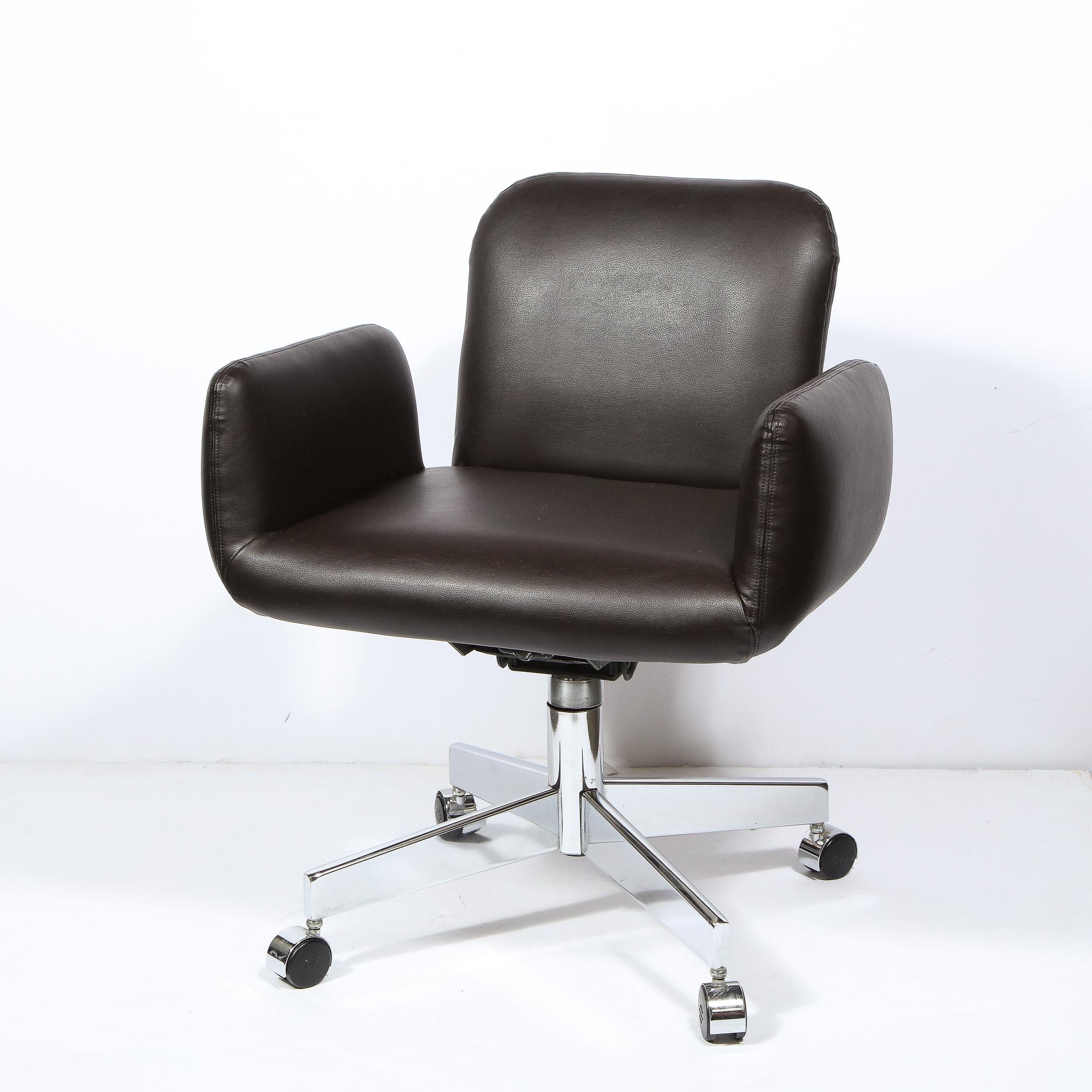 Mid-Century Modern Mid Century Modern Polished Chrome & Chocolate Leather Swivel Chair on Castors