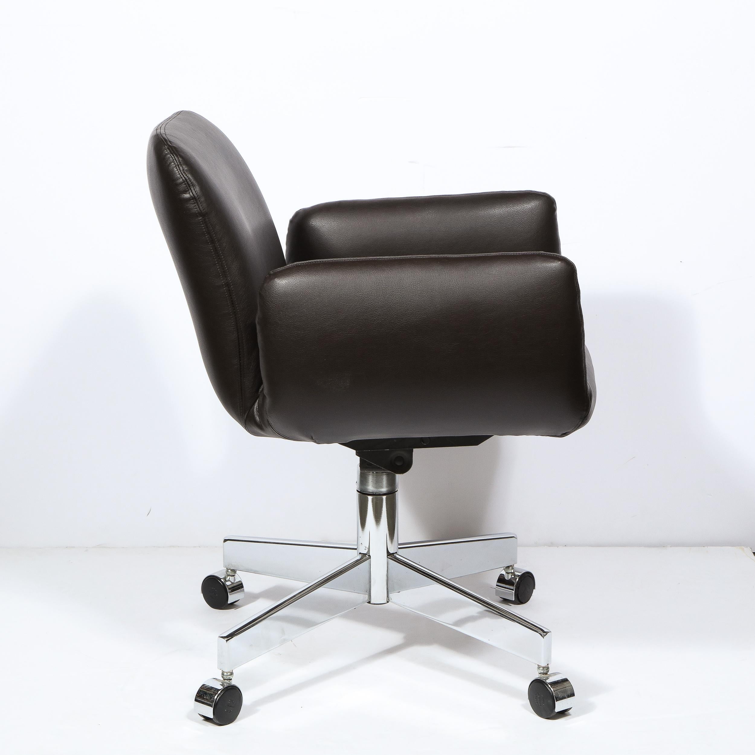 Late 20th Century Mid Century Modern Polished Chrome & Chocolate Leather Swivel Chair on Castors