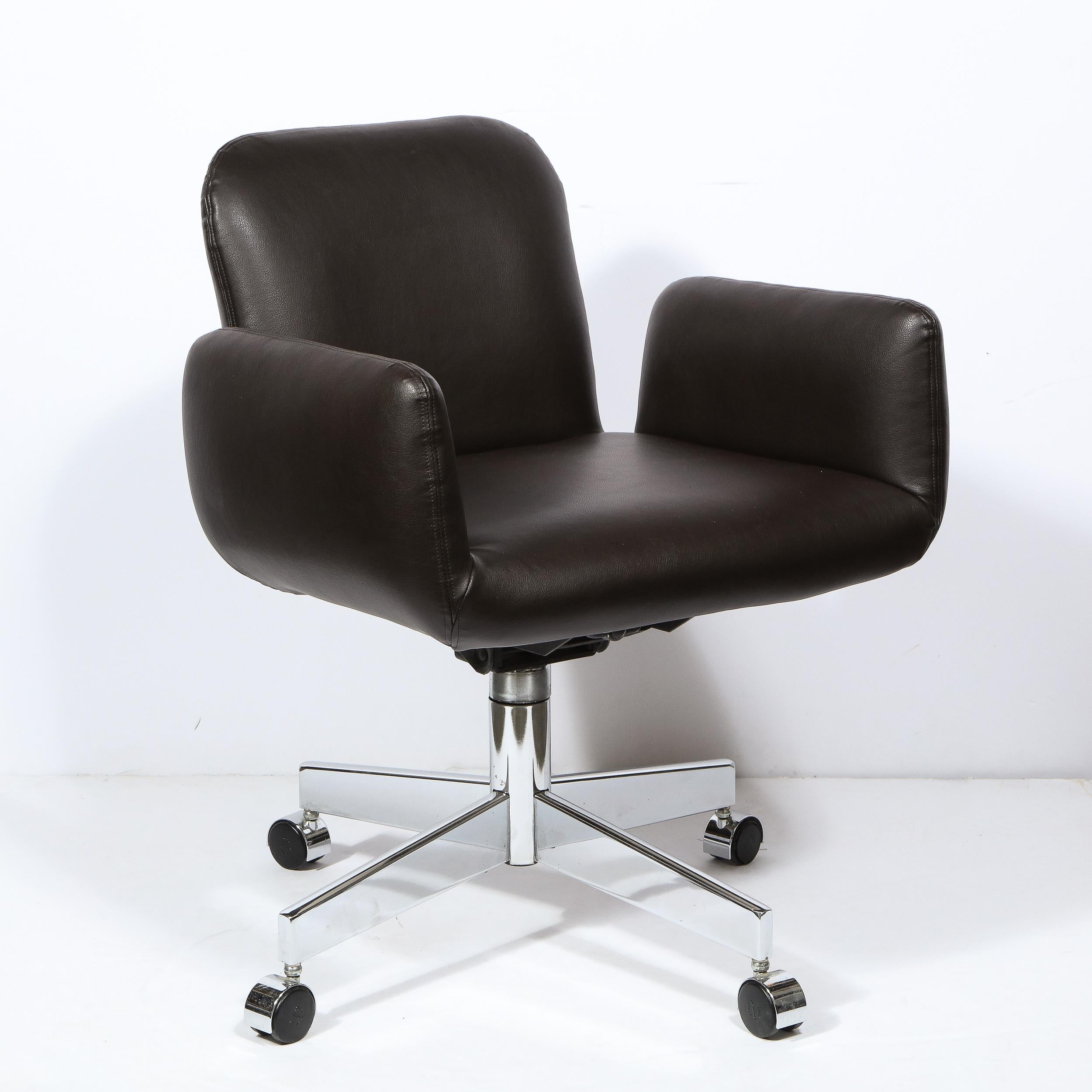 Mid Century Modern Polished Chrome & Chocolate Leather Swivel Chair on Castors 1