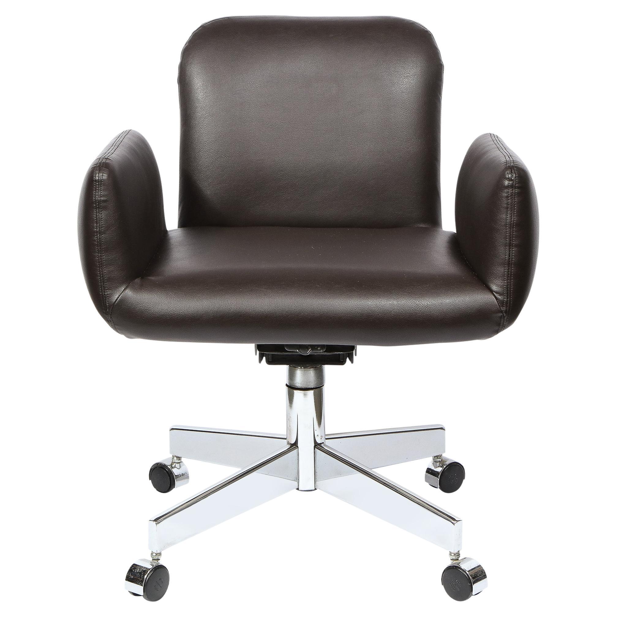 Mid Century Modern Polished Chrome & Chocolate Leather Swivel Chair on Castors