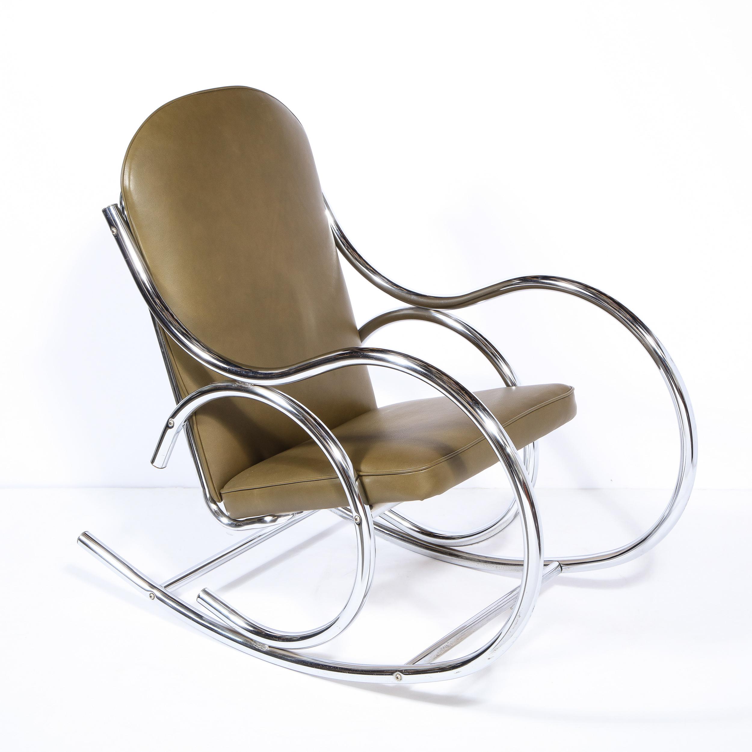 American Mid-Century Modern Polished Chrome Curvilinear Rocking Chair in Olive Leather