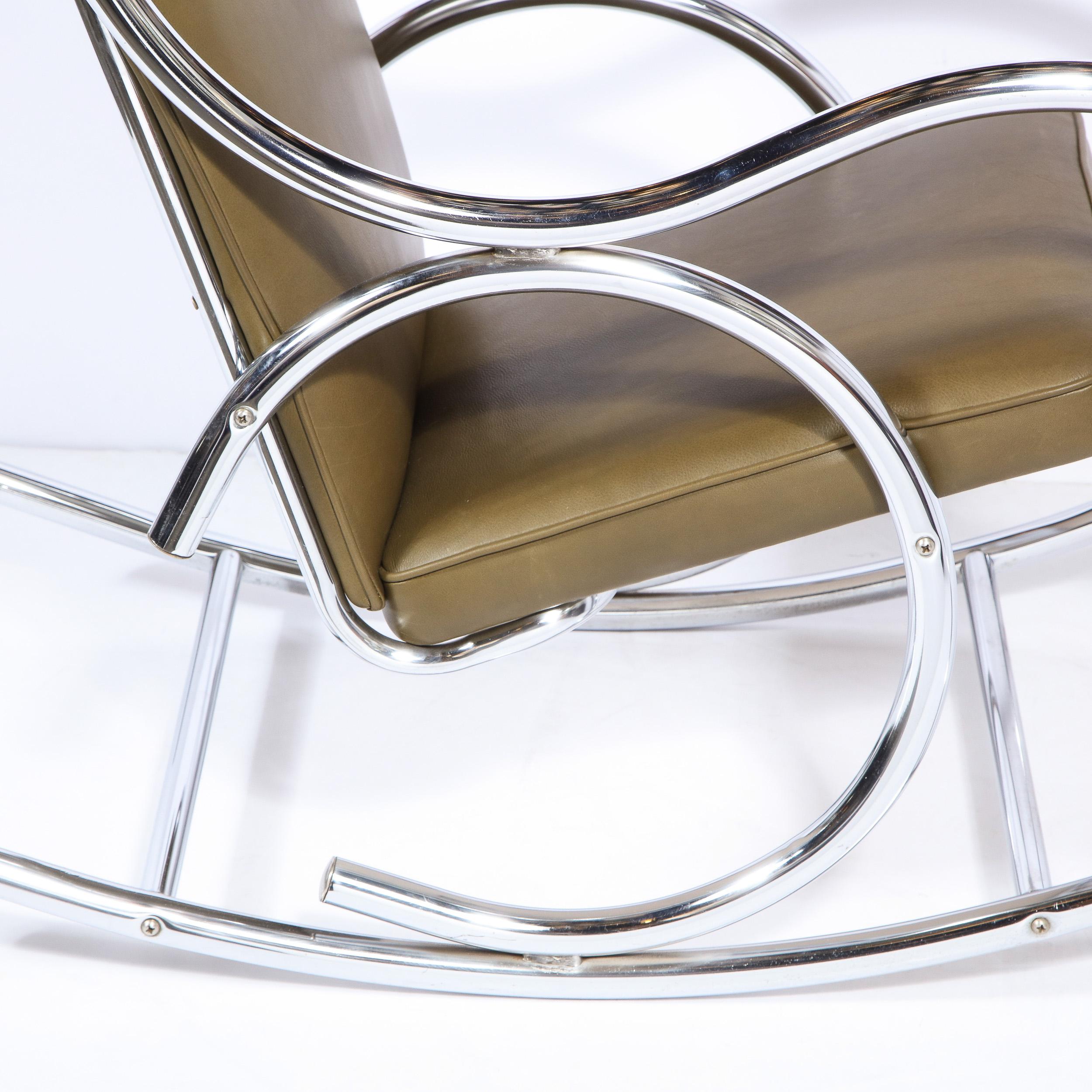 Late 20th Century Mid-Century Modern Polished Chrome Curvilinear Rocking Chair in Olive Leather