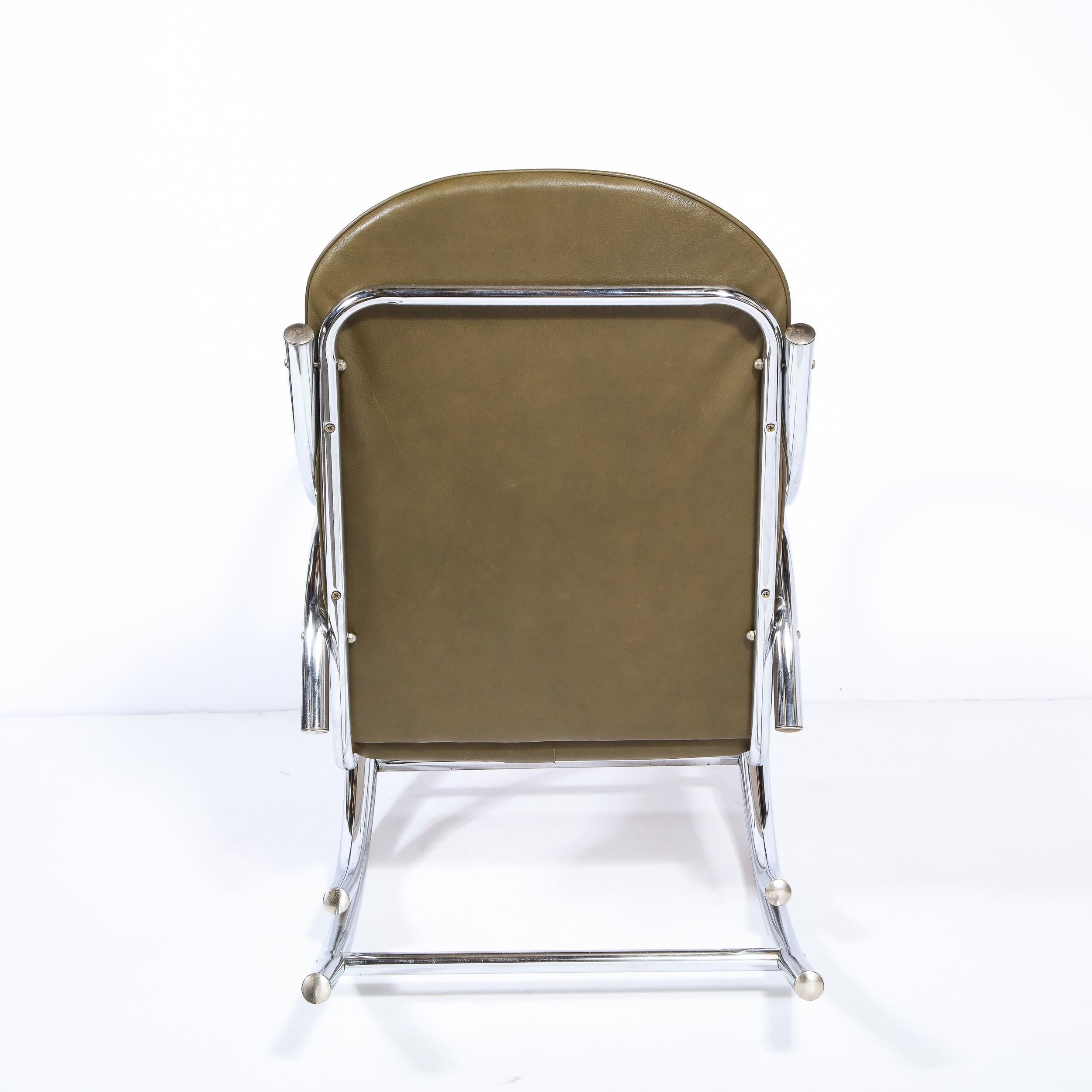 Mid-Century Modern Polished Chrome Curvilinear Rocking Chair in Olive Leather 1