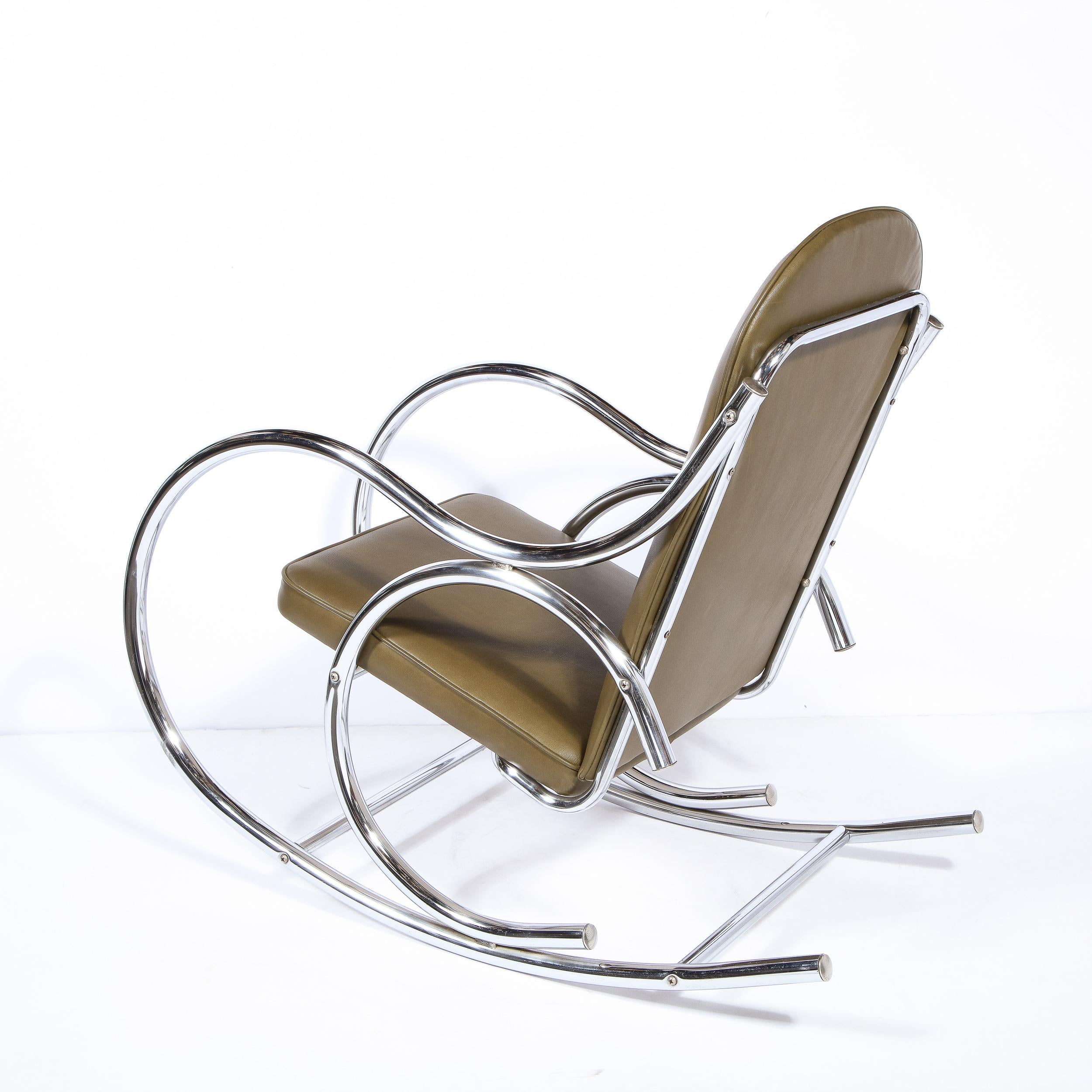 Mid-Century Modern Polished Chrome Curvilinear Rocking Chair in Olive Leather 2