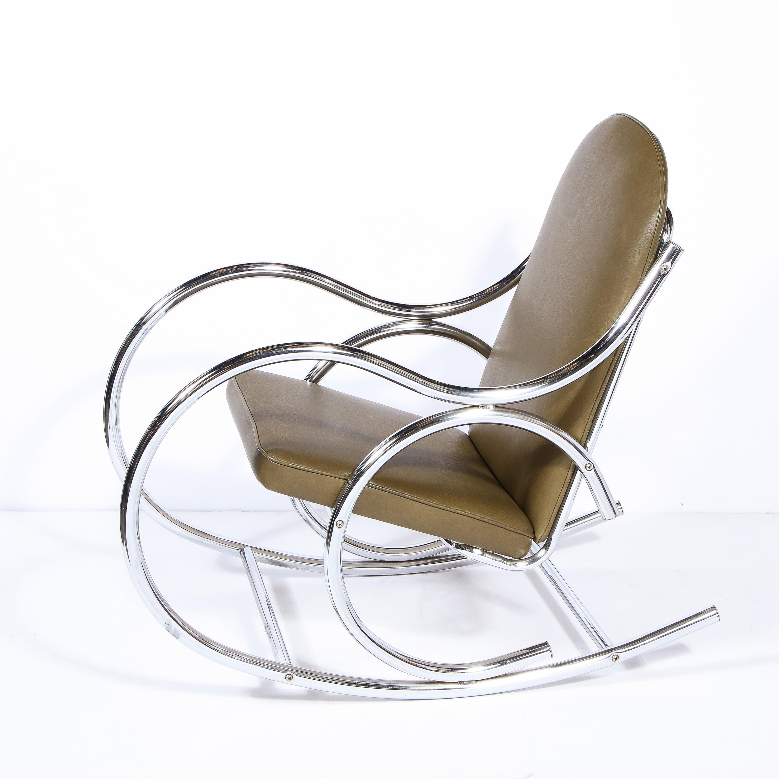 Mid-Century Modern Polished Chrome Curvilinear Rocking Chair in Olive Leather 3