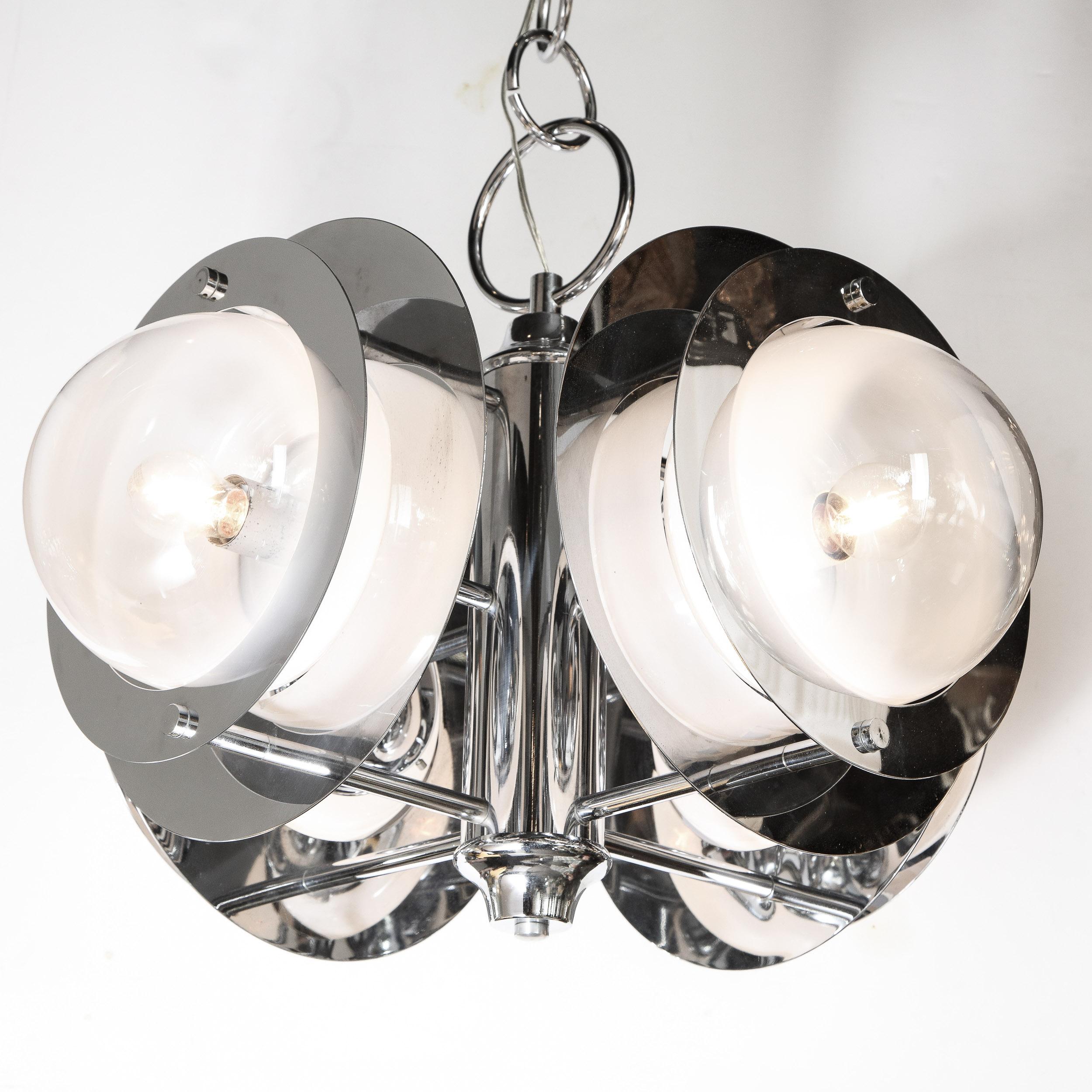 Late 20th Century Mid-Century Modern Polished Chrome & Murano Ombre Glass Occulus 4-Arm Chandelier For Sale