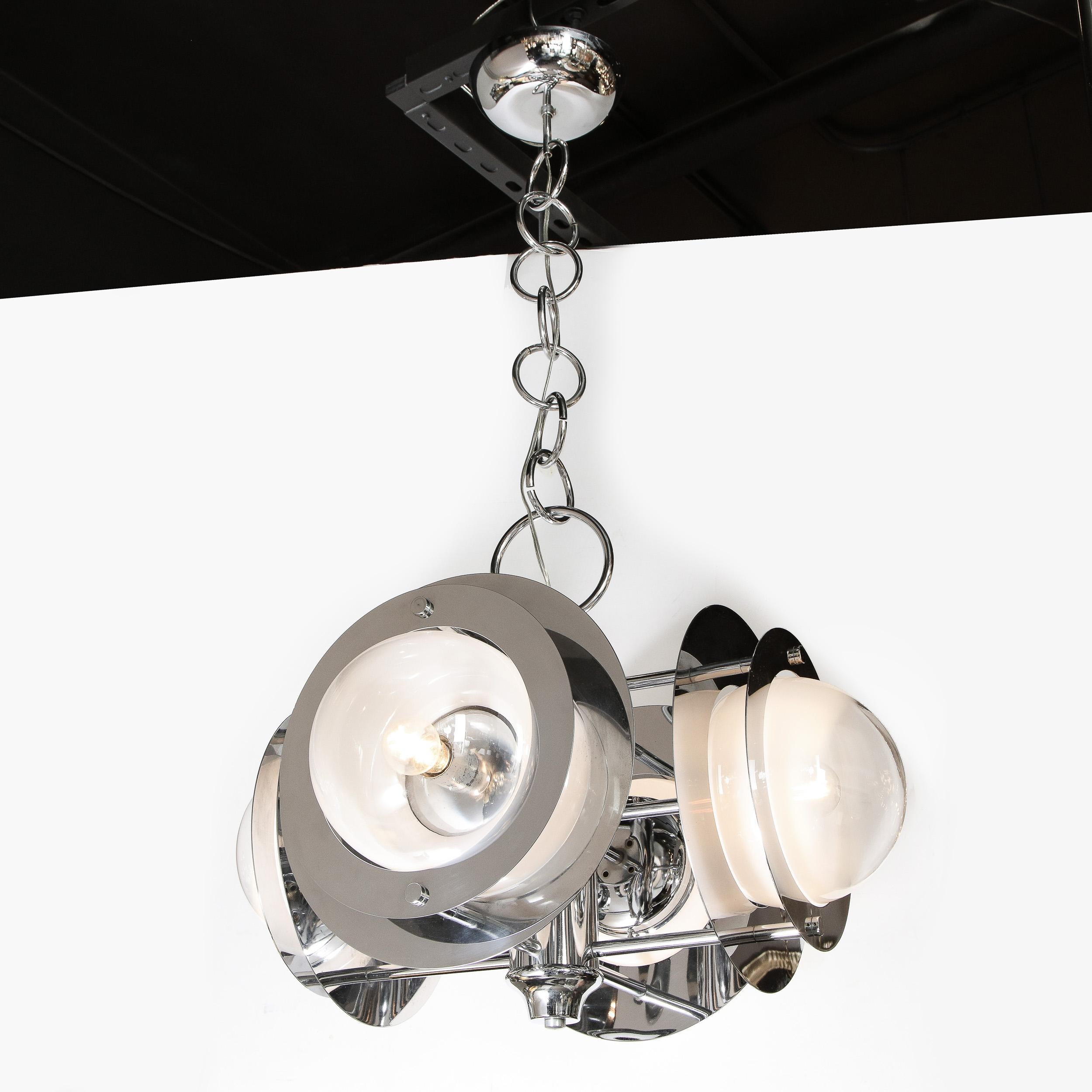 Murano Glass Mid-Century Modern Polished Chrome & Murano Ombre Glass Occulus 4-Arm Chandelier For Sale