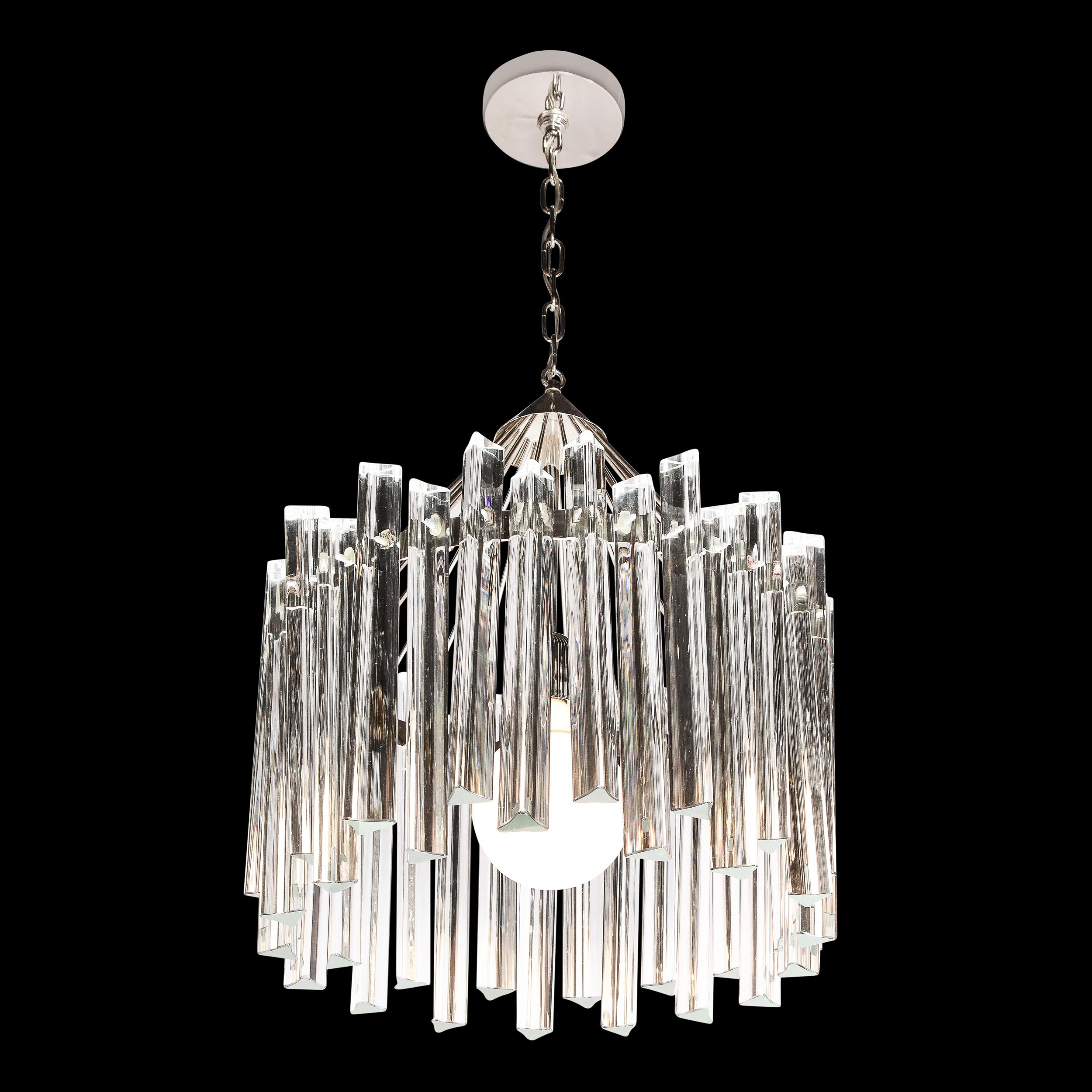 Mid-Century Modern Polished Chrome & Translucent Murano Glass Triedre Chandelier In Excellent Condition For Sale In New York, NY