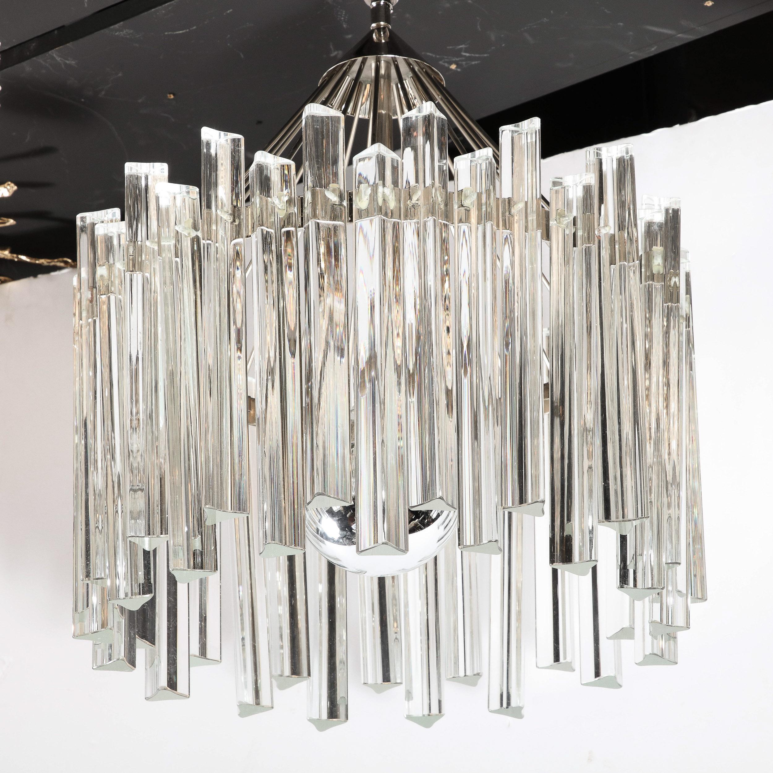 Italian Mid Century Modern Polished Chrome & Translucent Murano Glass Triedre Chandelier For Sale