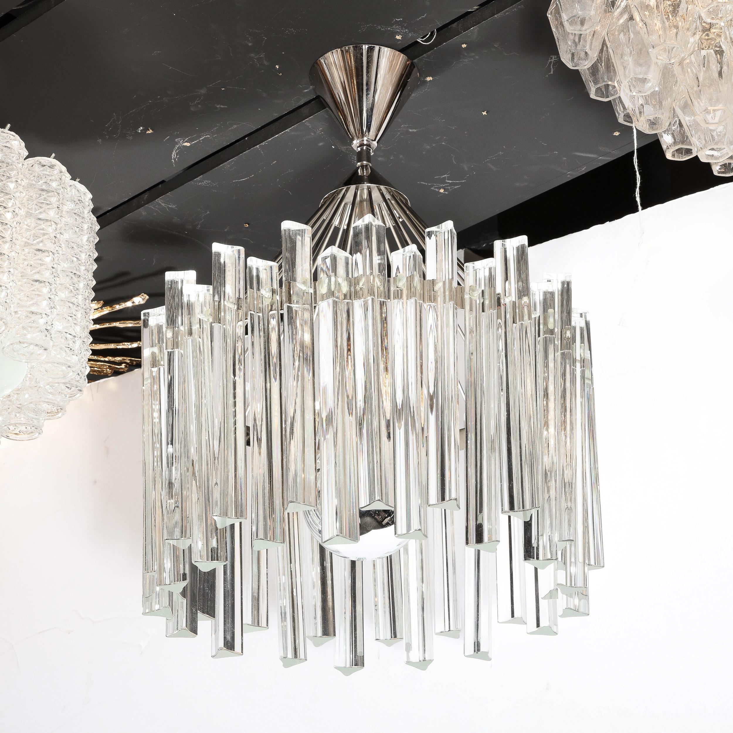 Mid Century Modern Polished Chrome & Translucent Murano Glass Triedre Chandelier In Excellent Condition For Sale In New York, NY