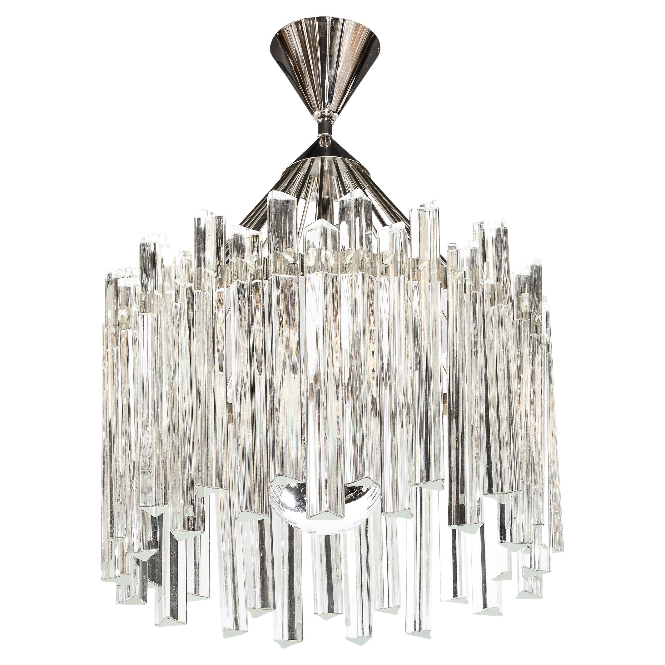 Mid Century Modern Polished Chrome & Translucent Murano Glass Triedre Chandelier For Sale