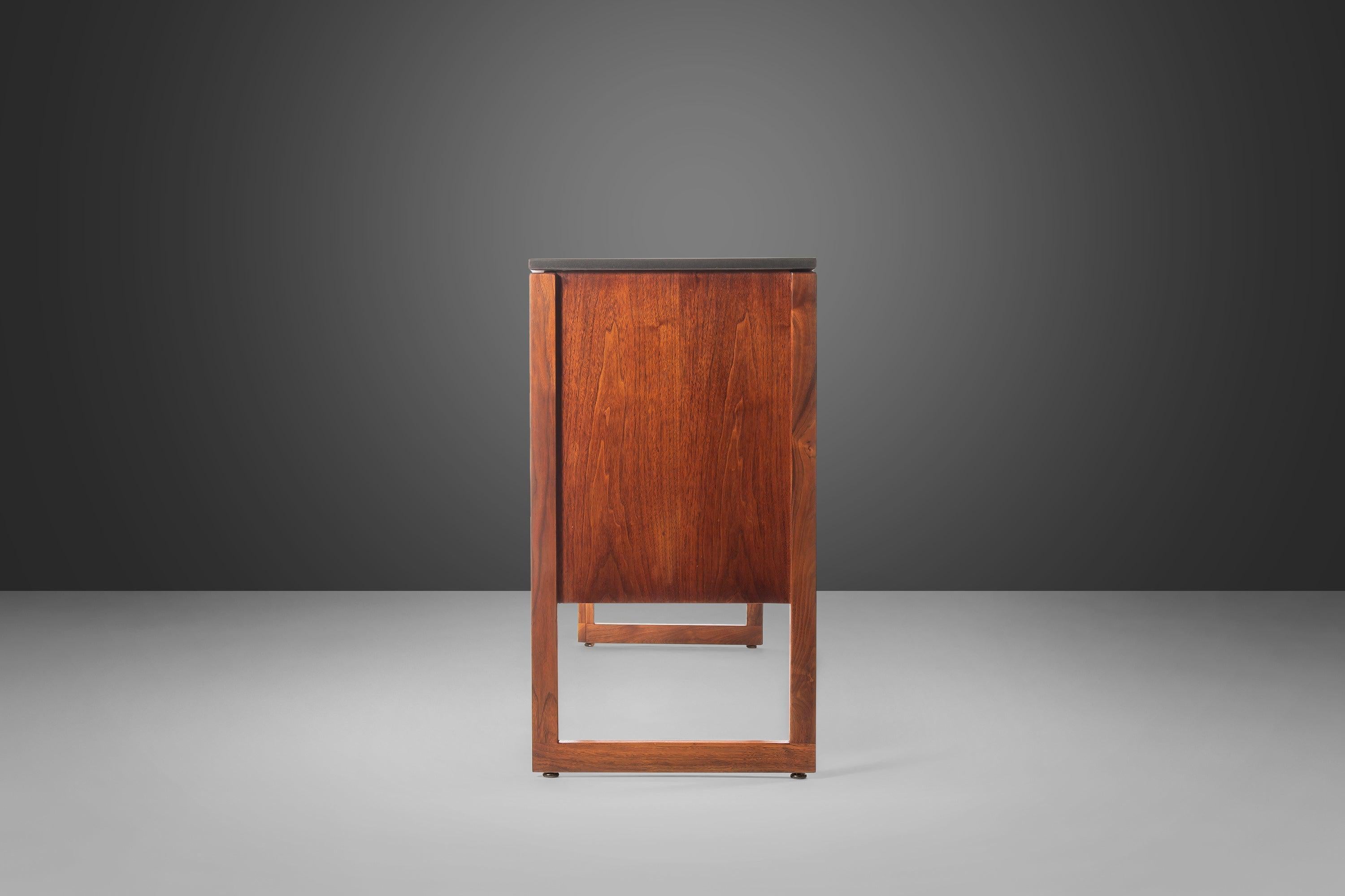 Polished Slate Sideboard / Credenza on Sled Base by Jens Risom in Walnut, 1950s 7