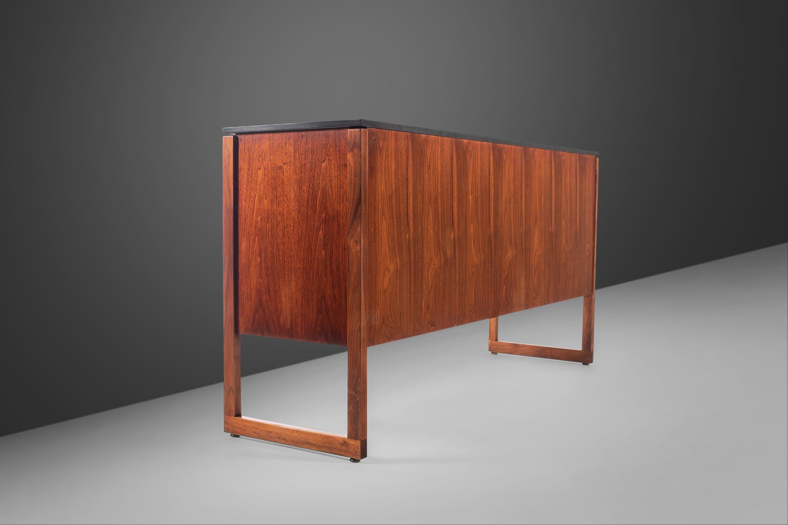 Polished Slate Sideboard / Credenza on Sled Base by Jens Risom in Walnut, 1950s 9