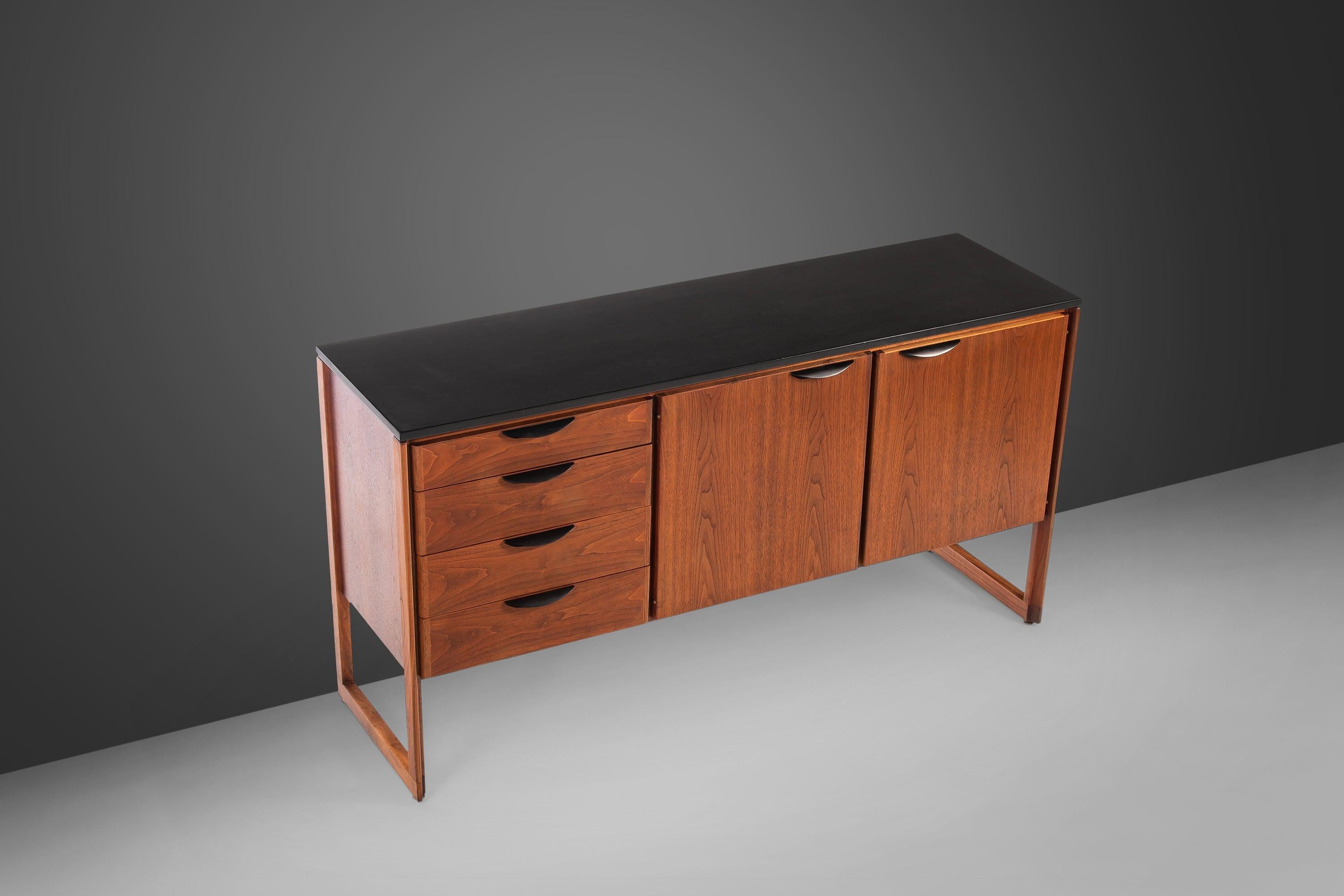 Mid-Century Modern Polished Slate Sideboard / Credenza on Sled Base by Jens Risom in Walnut, 1950s