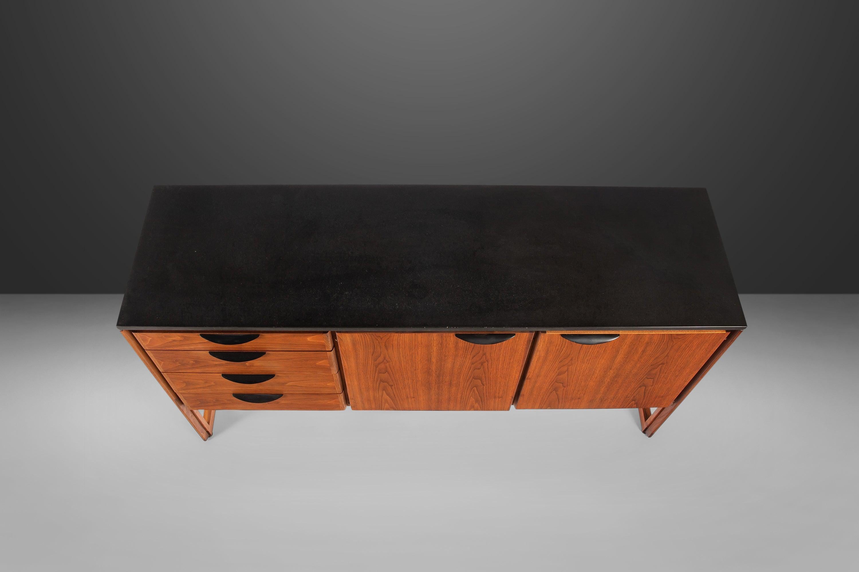 American Polished Slate Sideboard / Credenza on Sled Base by Jens Risom in Walnut, 1950s