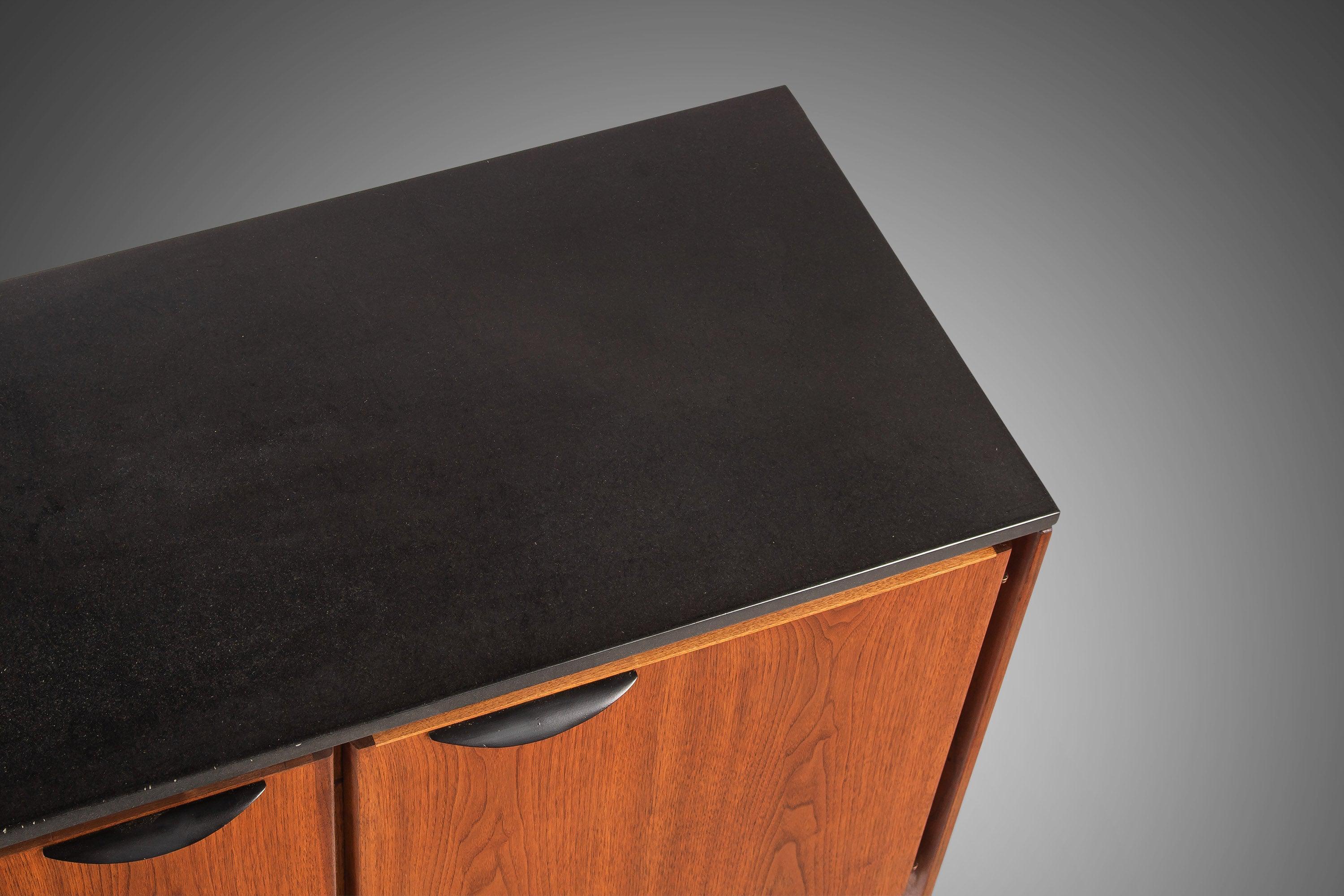 Polished Slate Sideboard / Credenza on Sled Base by Jens Risom in Walnut, 1950s In Excellent Condition In Deland, FL