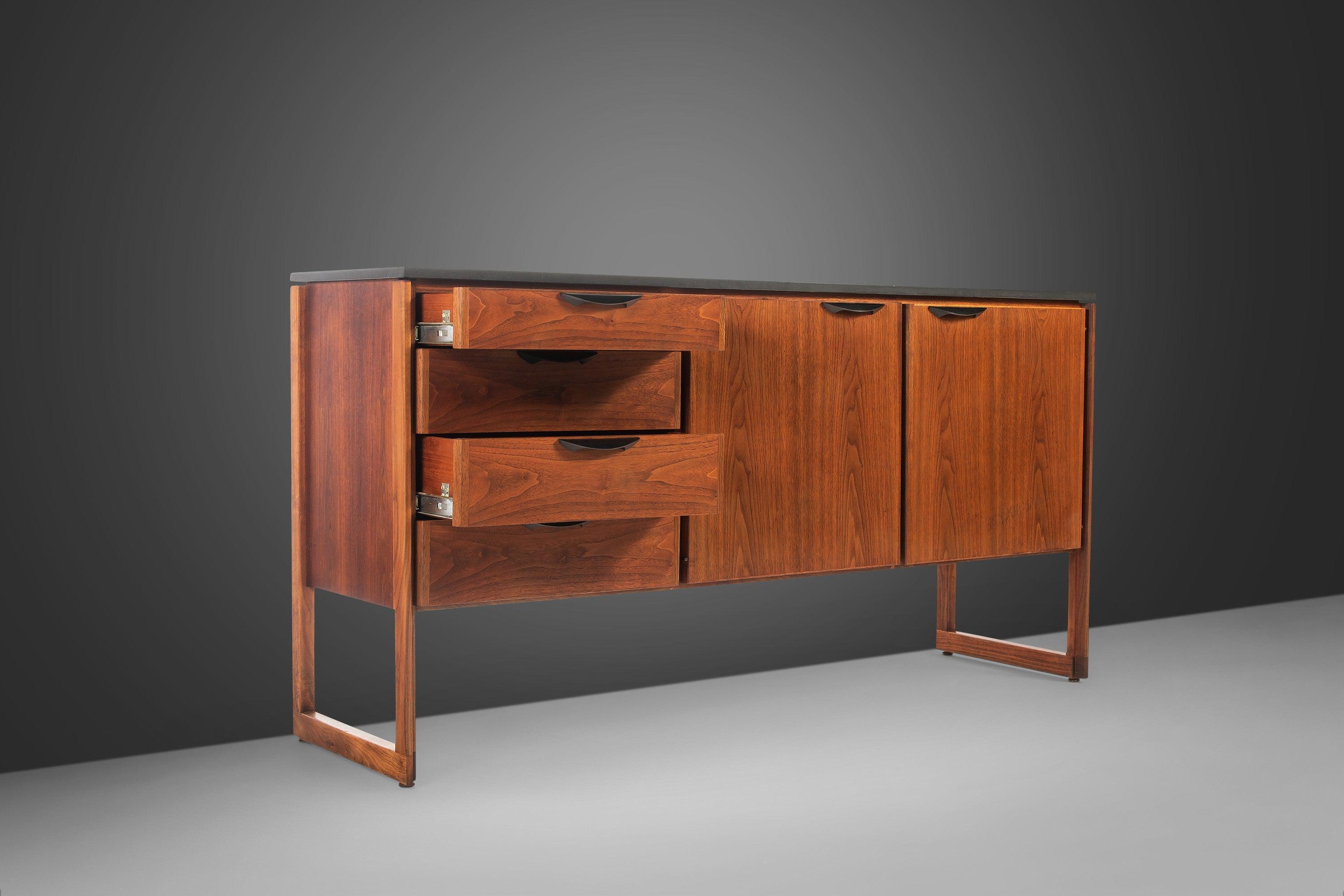 Polished Slate Sideboard / Credenza on Sled Base by Jens Risom in Walnut, 1950s 1