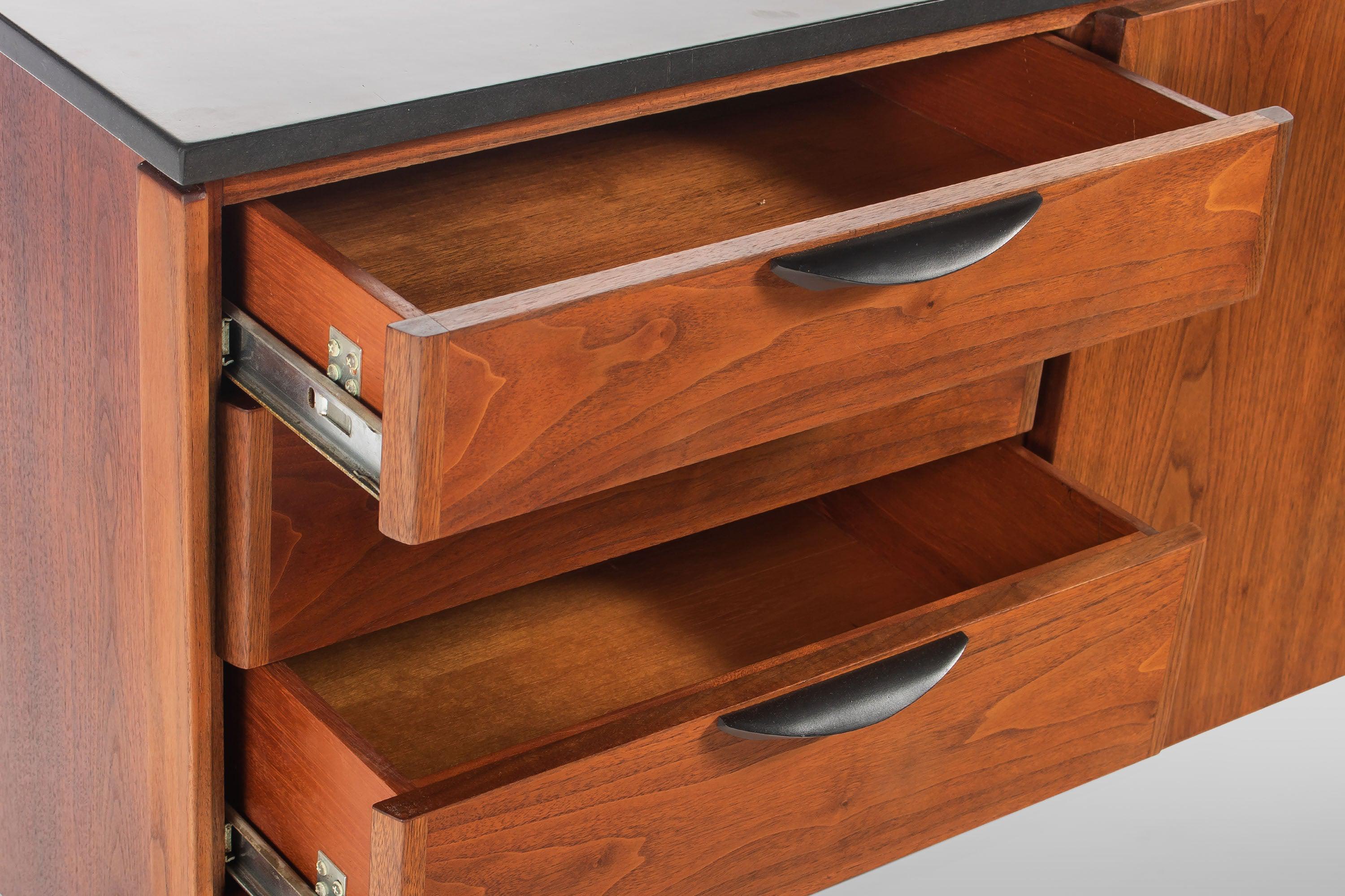 Polished Slate Sideboard / Credenza on Sled Base by Jens Risom in Walnut, 1950s 2