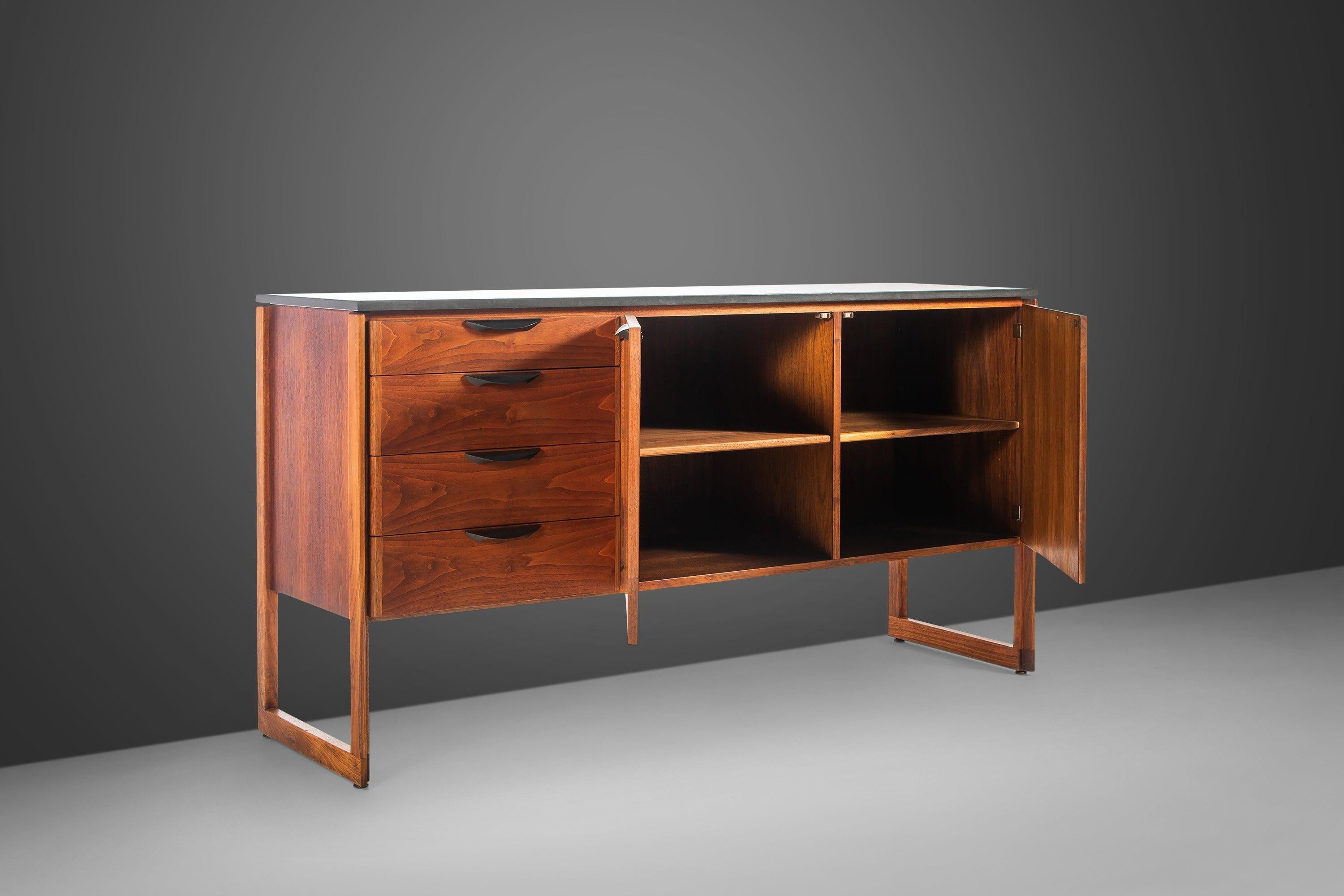 Polished Slate Sideboard / Credenza on Sled Base by Jens Risom in Walnut, 1950s 3