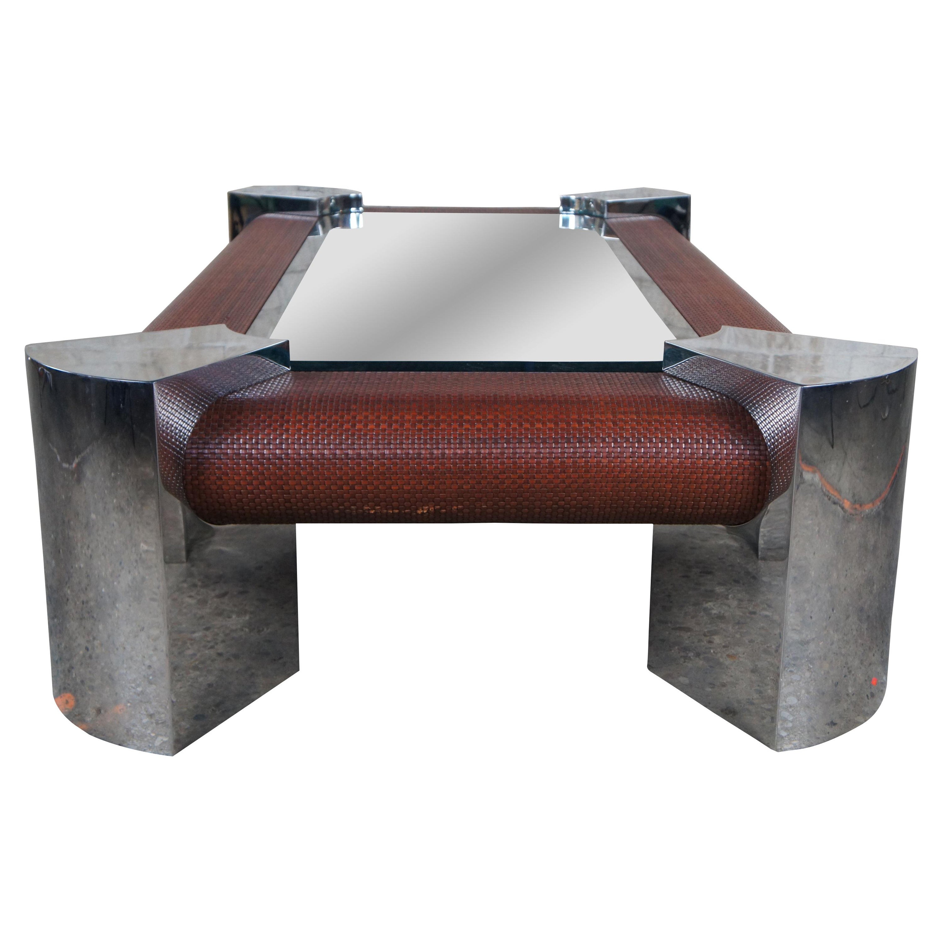 Mid-Century Modern Polished Steel Chrome & Rattan Glass Coffee Table