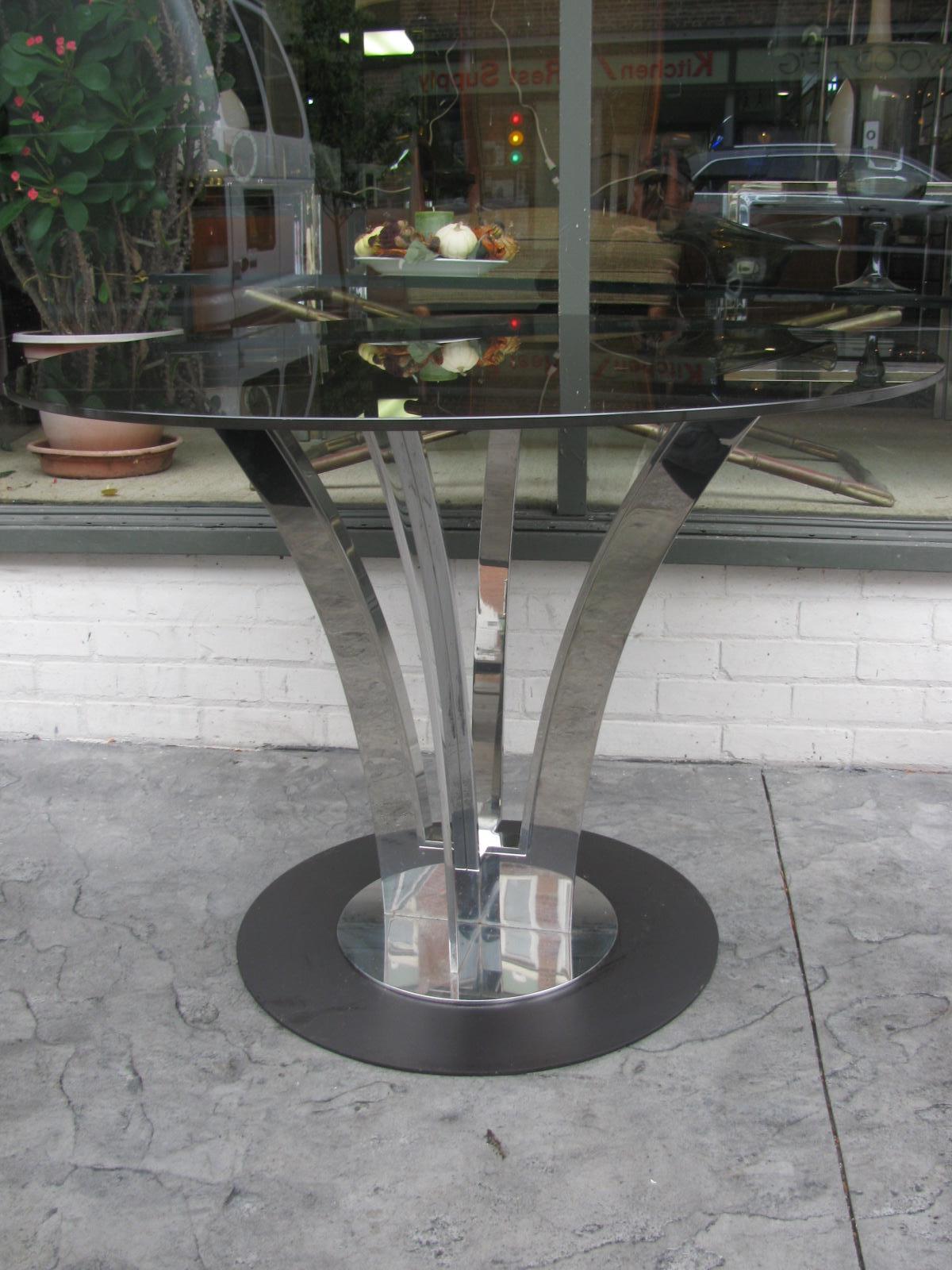 Italian Mid-Century Modern Polished Steel with Smoked Glass Top Dining Table