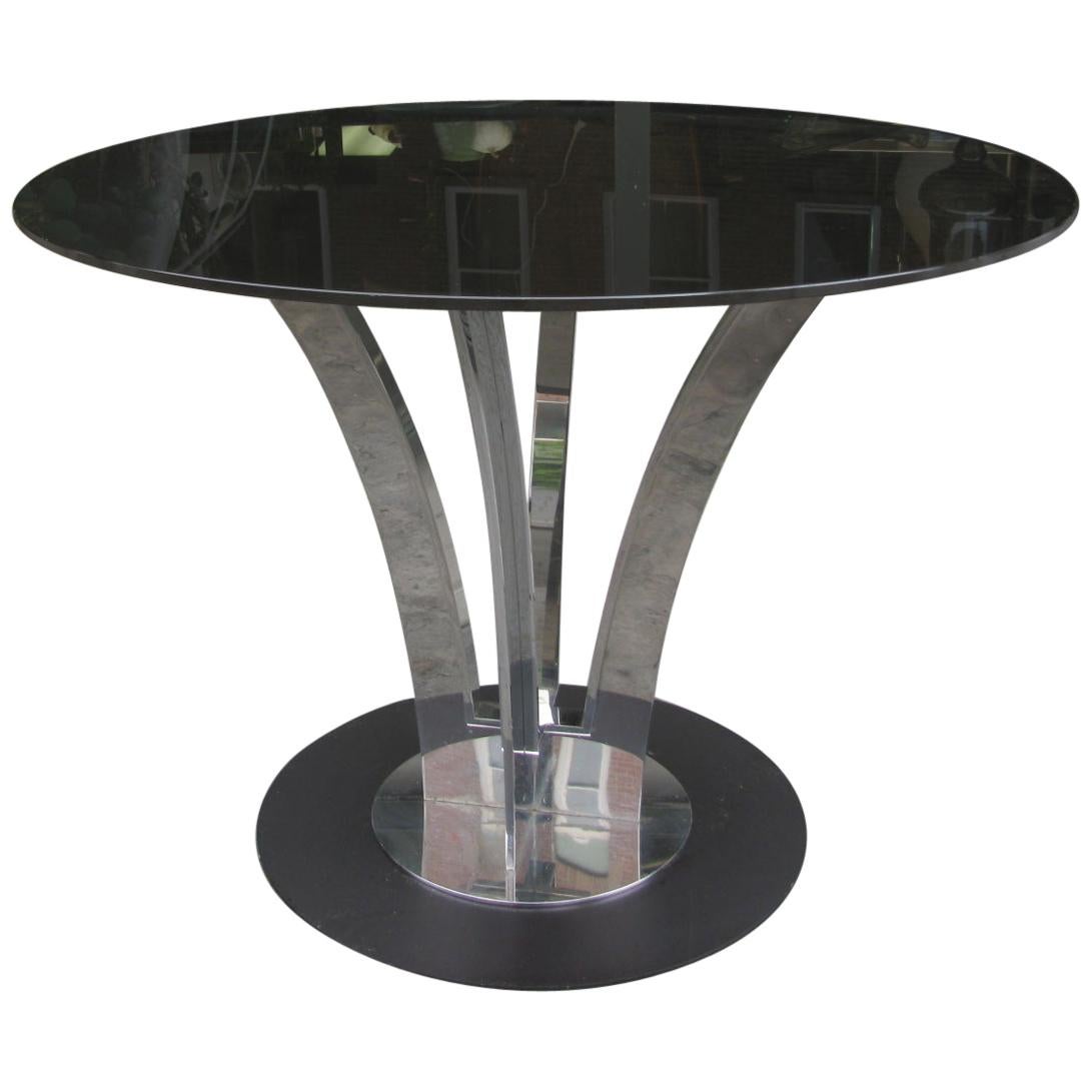 Mid-Century Modern Polished Steel with Smoked Glass Top Dining Table