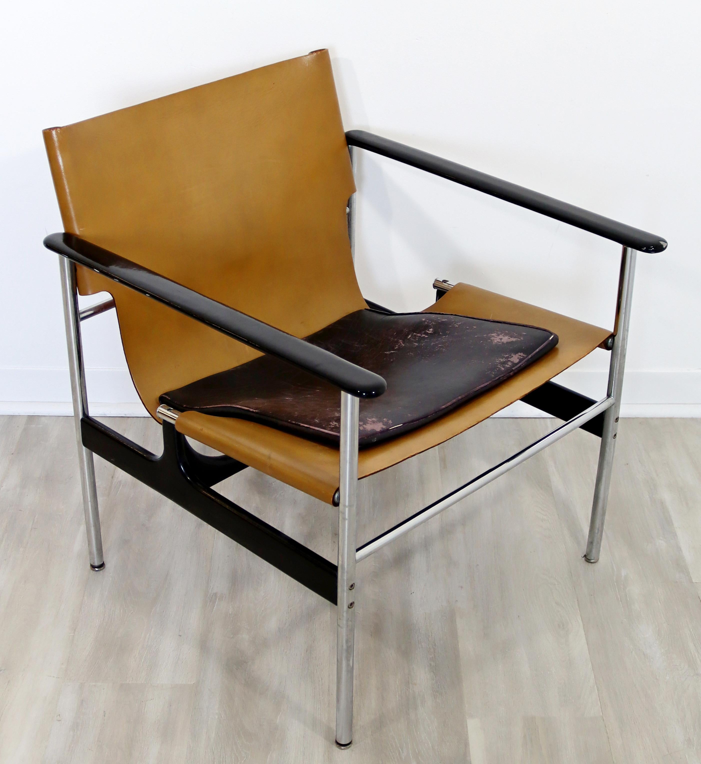 For your consideration is a spectacular, leather and chrome, sling lounge chair, by Charles Pollock for Knoll, circa the 1960s. In very good vintage condition. The dimensions are 24.5