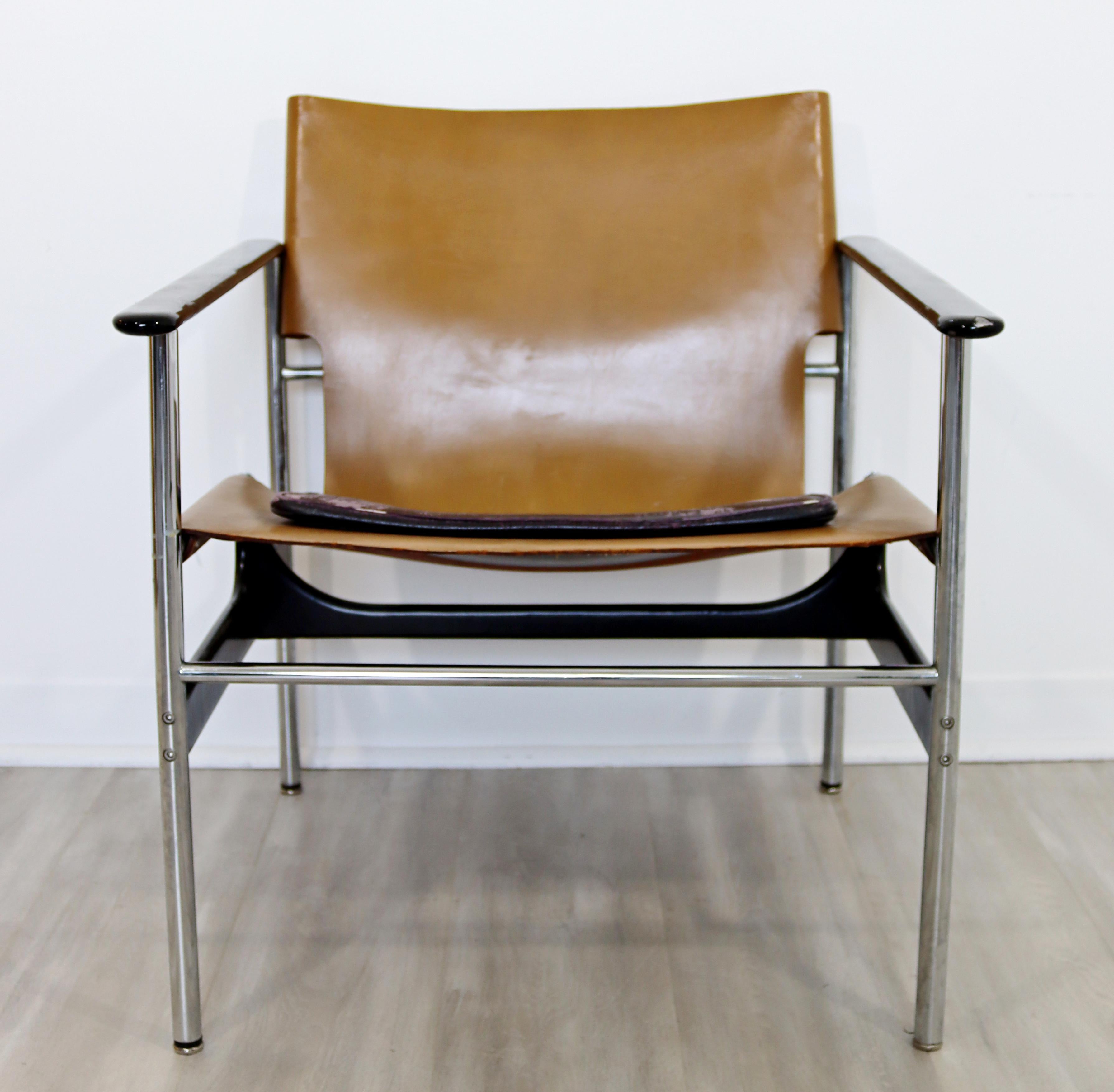 Mid-Century Modern Pollock for Knoll Leather Chrome Sling Lounge Chair, 1960s In Good Condition In Keego Harbor, MI