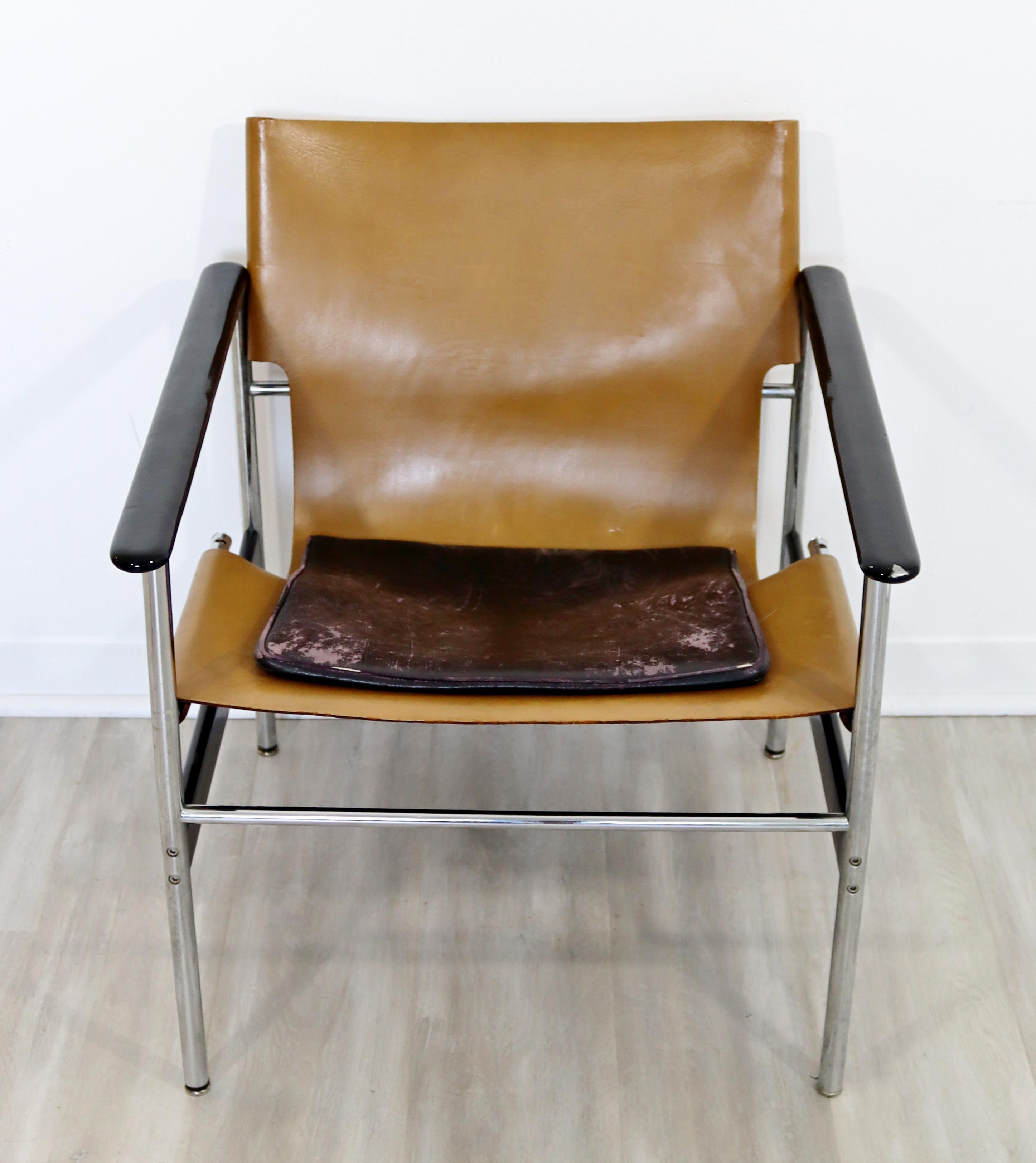 Mid-20th Century Mid-Century Modern Pollock for Knoll Leather Chrome Sling Lounge Chair, 1960s
