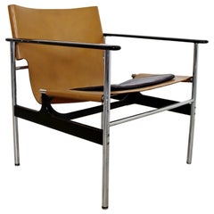 Mid-Century Modern Pollock for Knoll Leather Chrome Sling Lounge Chair, 1960s