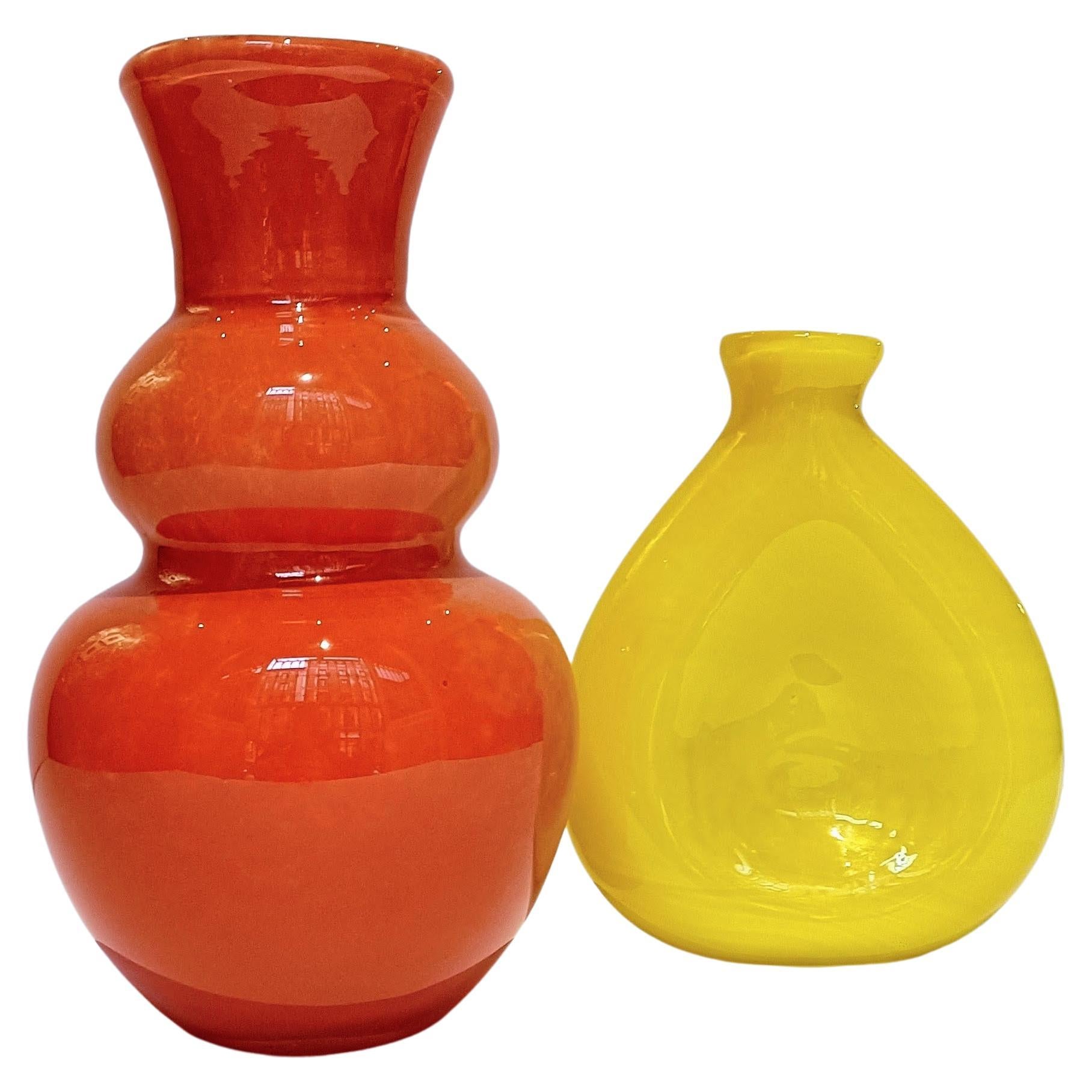 Mid Century Modern Pop Art Murano Glass Pair of Signed Vases, Italy, 1960s
