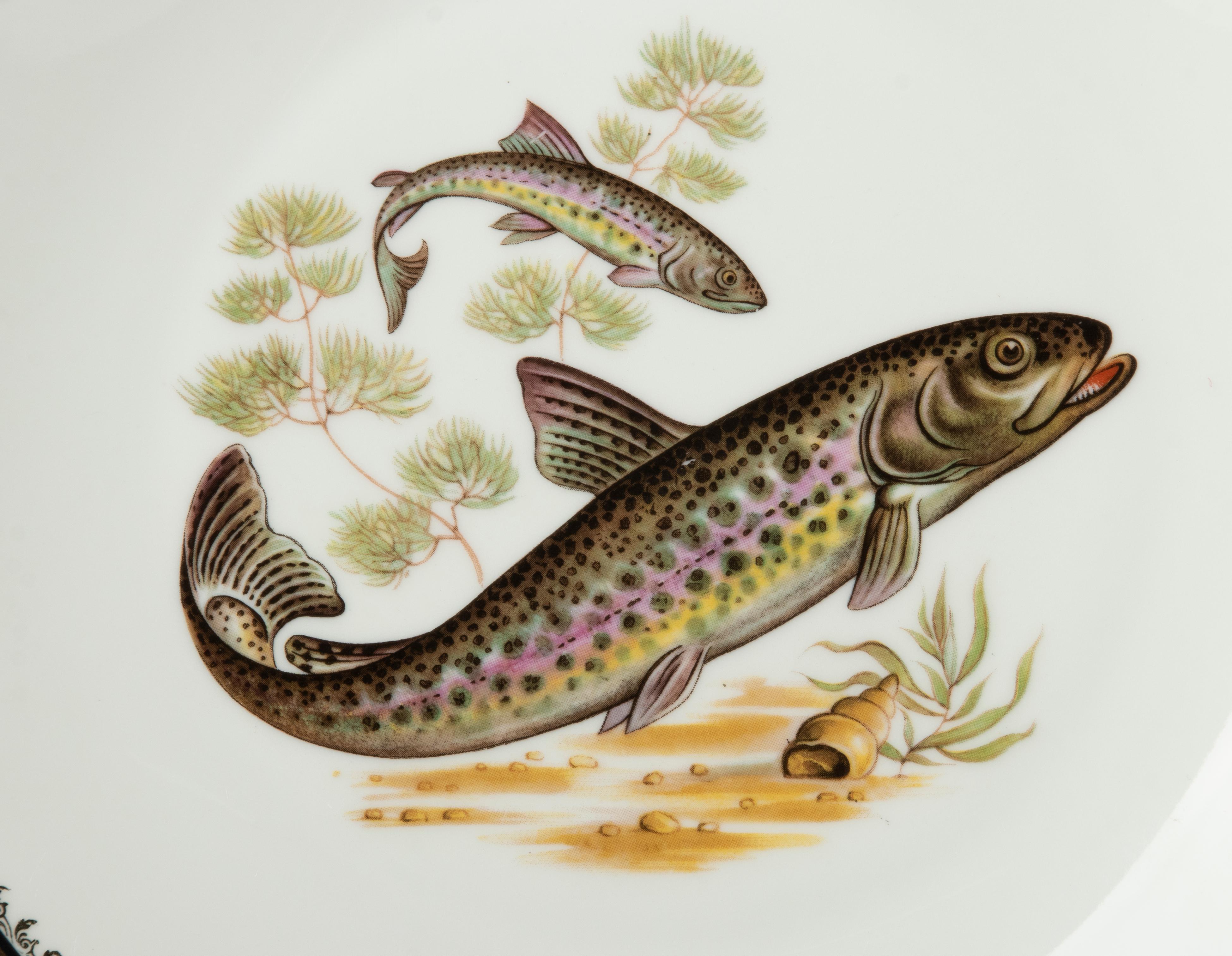 Romantic Mid-Century Modern Porcelain Fish Plates and Server by Limoges, France