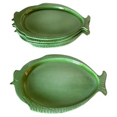 Mid-Century Modern Porcelain Fish Plates in a Fish Shape Green Color France