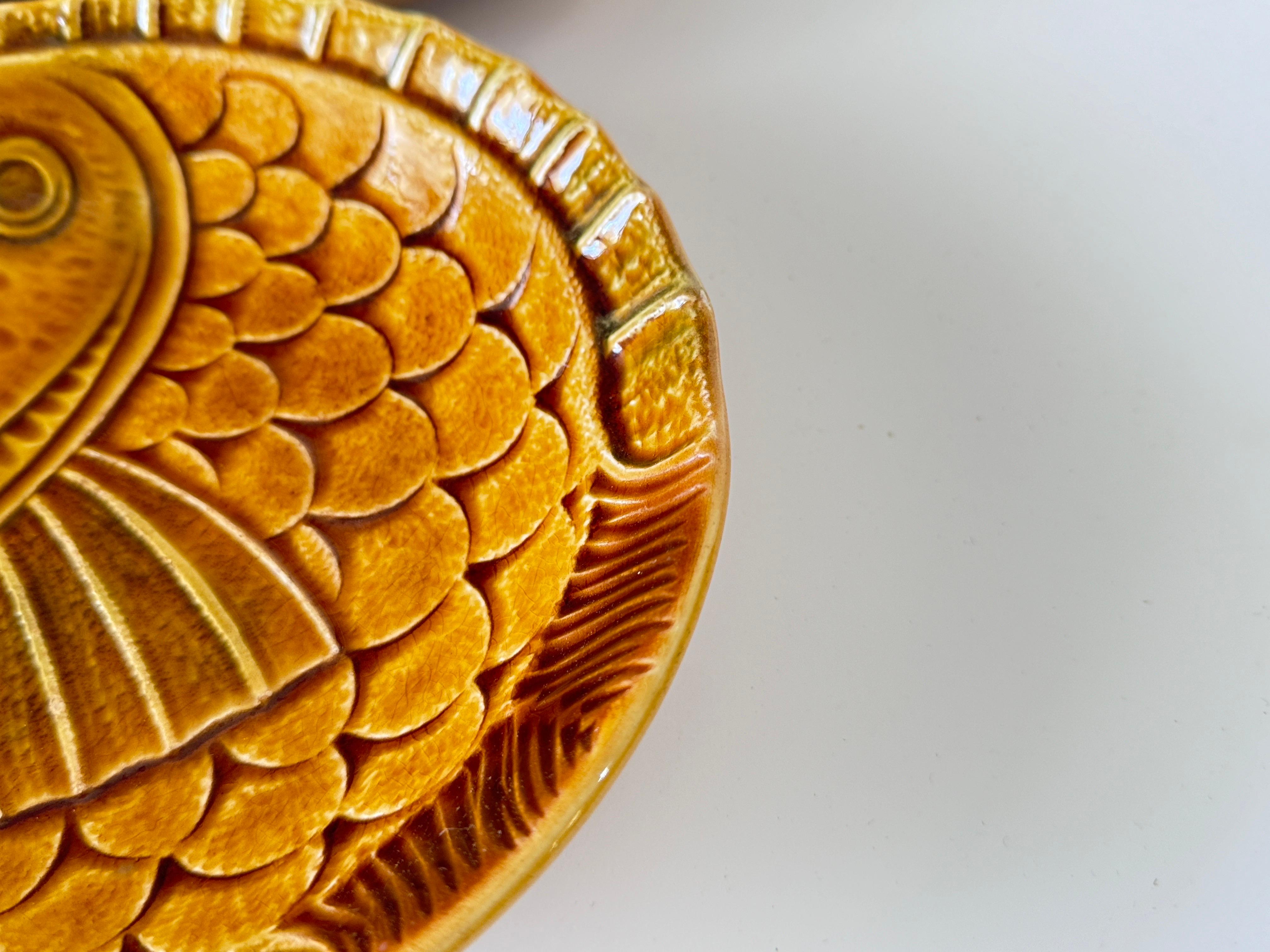 Mid-20th Century Mid-Century Modern Porcelain Fish Plates in a Fish Shape Yellow Color France For Sale