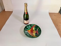 Mid-Century Modern Porcelain Plate with  Green Color Fish Decor France 1970