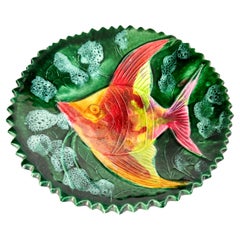 Mid-Century Modern Porcelain Plate with  Green Color Fish Decor France 1970