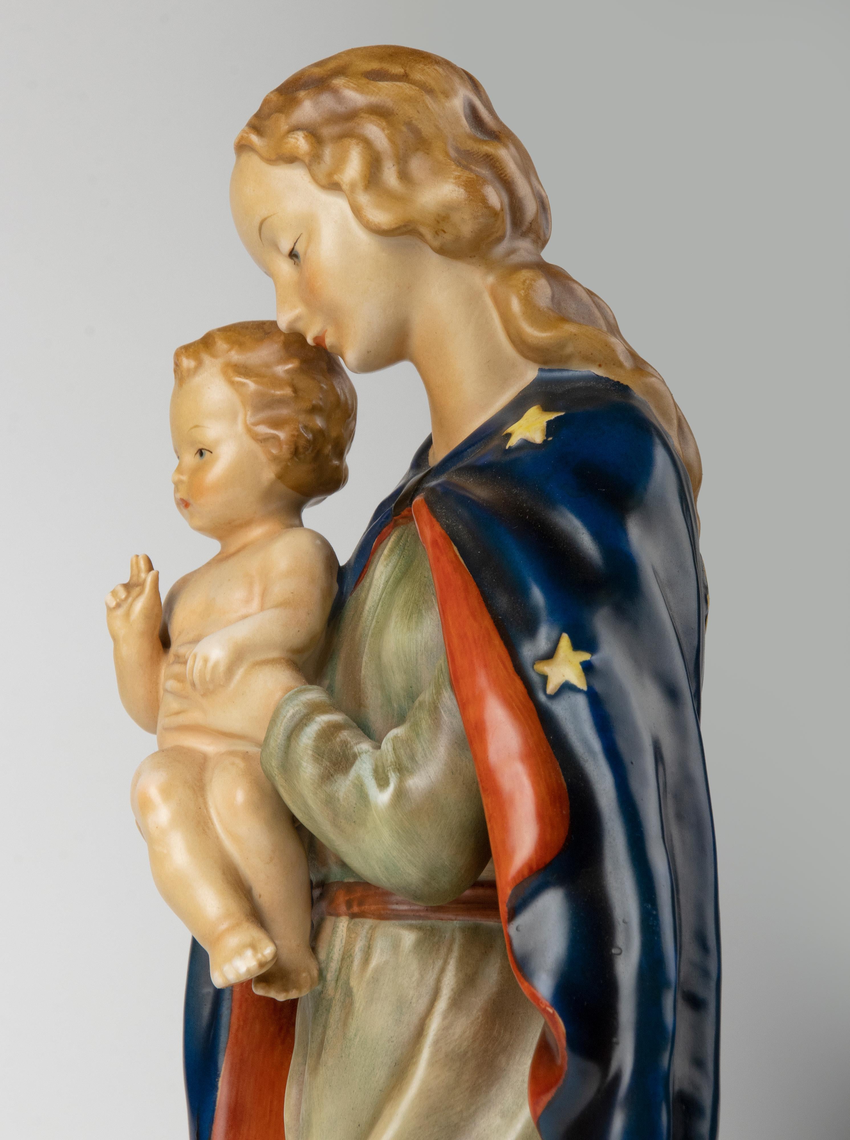 German Mid Century Modern Porcelain Statue of Maria with Baby Jesus Made by Goebel For Sale