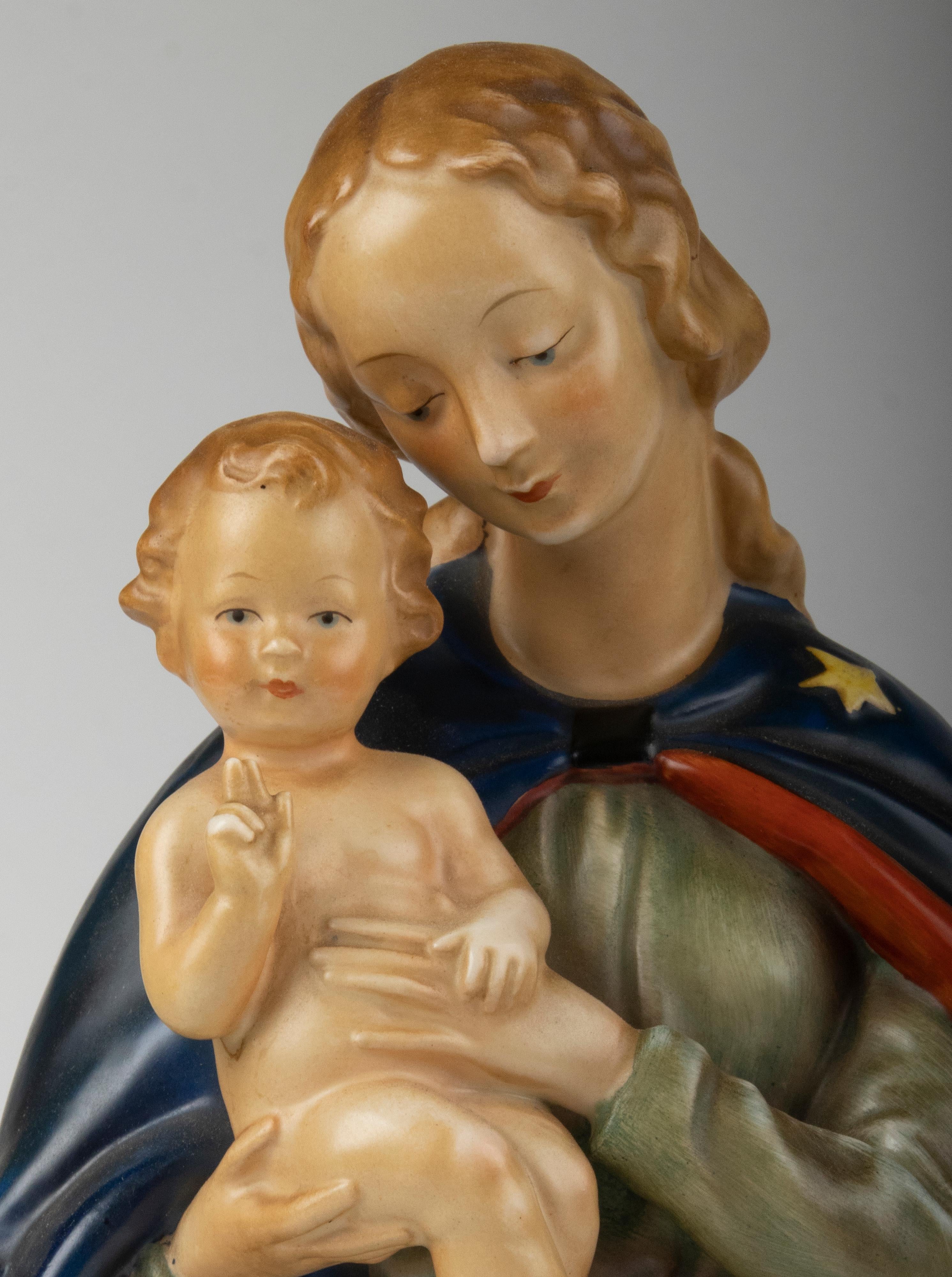 Hand-Painted Mid Century Modern Porcelain Statue of Maria with Baby Jesus Made by Goebel For Sale