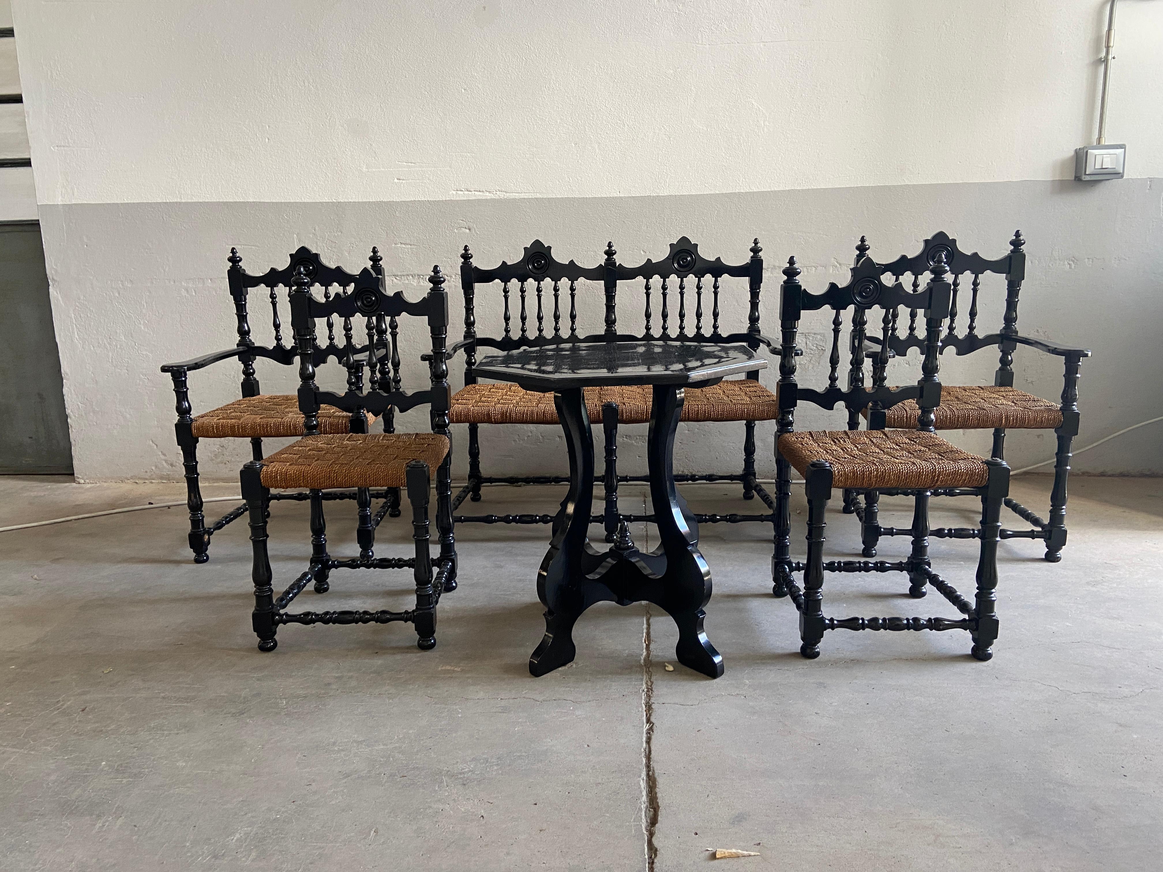 Mid-Century Modern Portuguese Living Room Set in Ebonized Wood and Straw Seats In Good Condition For Sale In Prato, IT