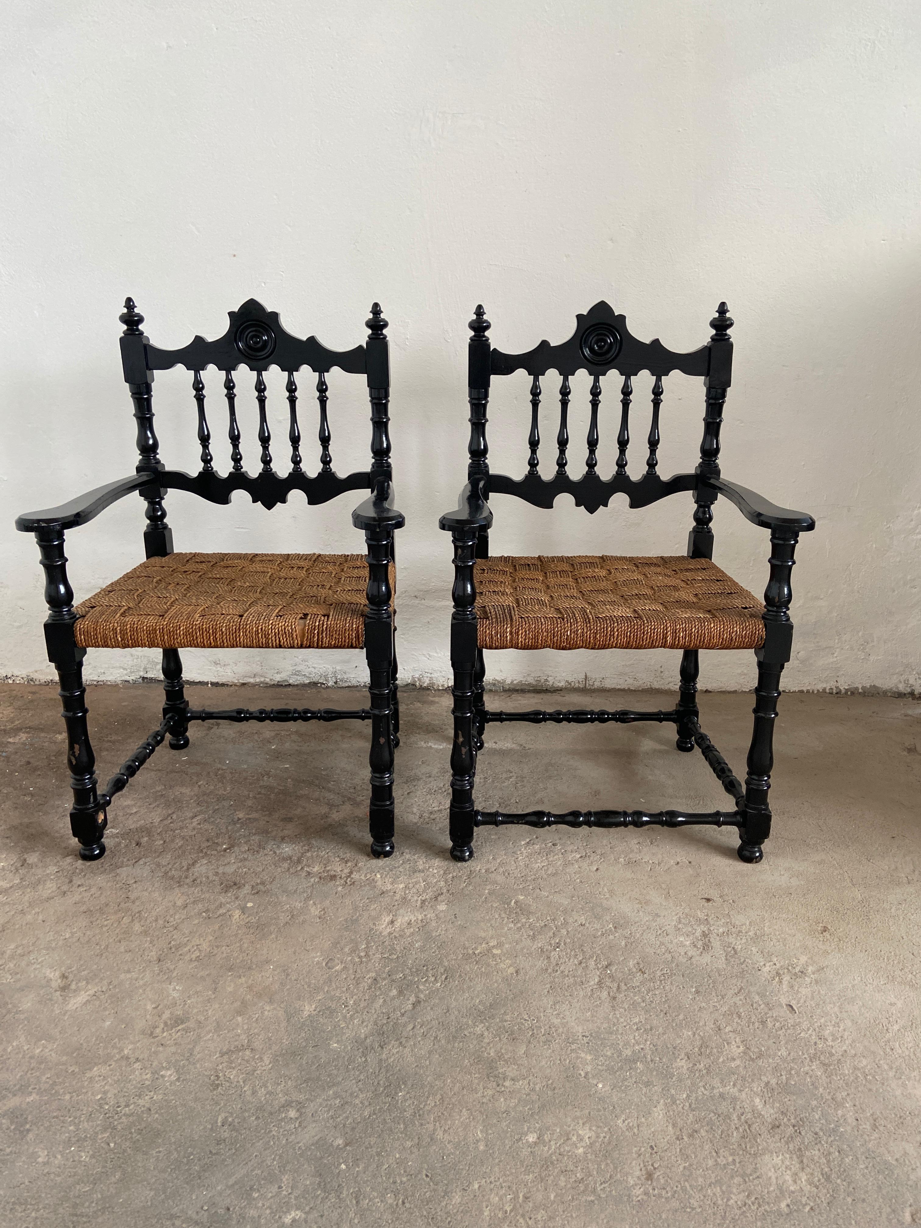 Mid-Century Modern Portuguese Living Room Set in Ebonized Wood and Straw Seats For Sale 3