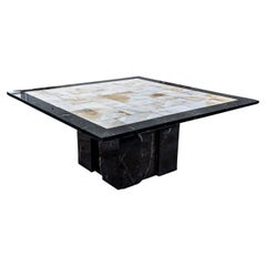 Mid-Century Modern Postmodern Italian Square Coffee Table Black & Inlaid White