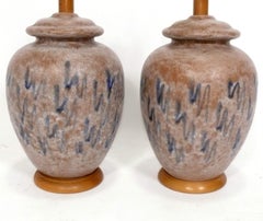 Mid Century Modern Pottery Lamps Blue White Tan Rewired Hand Made Ceramic